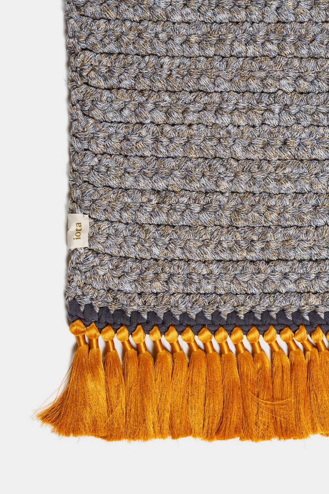 Israeli Handmade Crochet Thick Rug 170x240 cm in Grey Sand with Golden Tassels For Sale