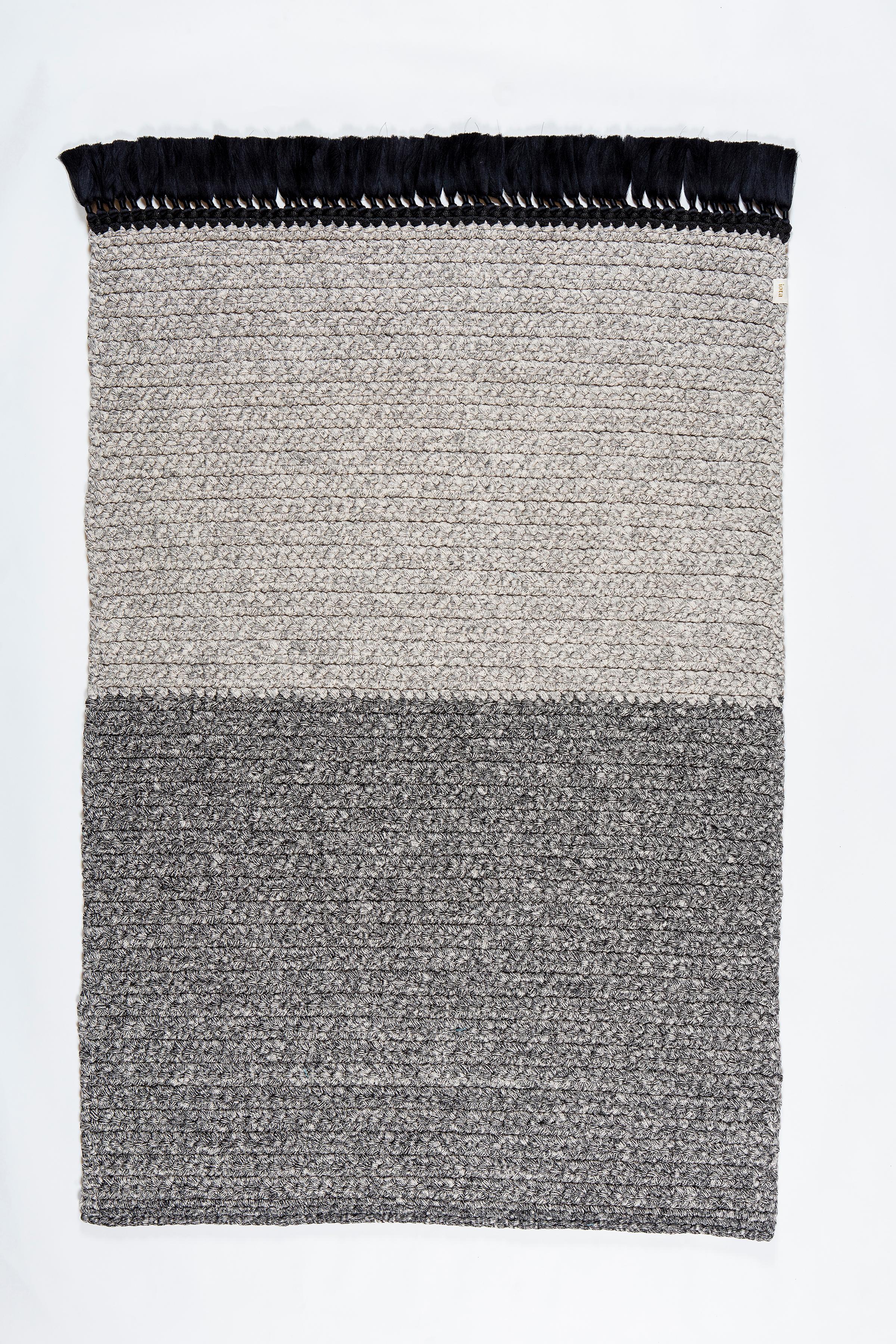 Handmade Crochet Two-Tone Rug in Black Made of iota's Bespoke Yarns For Sale 3