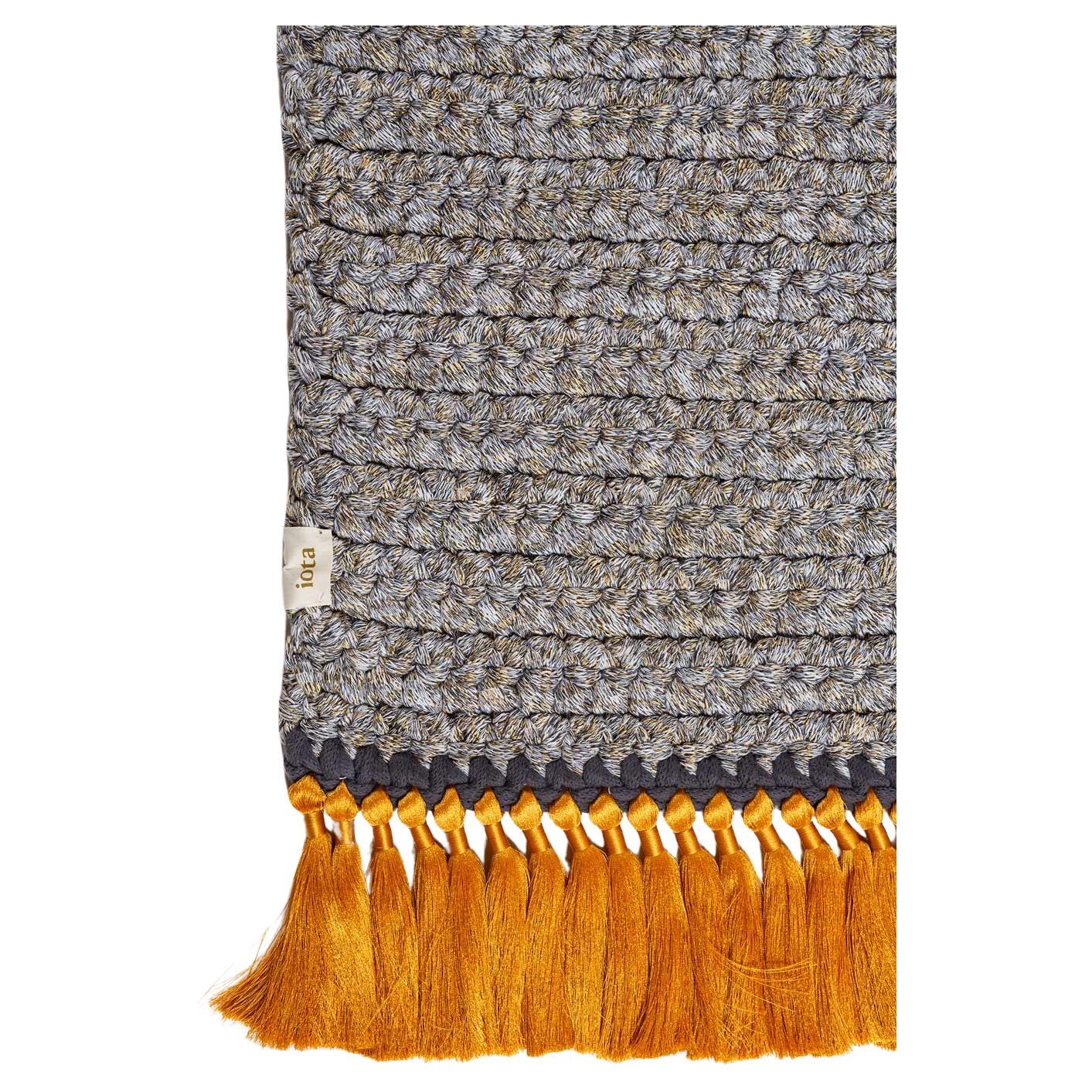 Israeli Handmade Crochet 200x300 Thick Rug in Grey Beige Golden with tassels For Sale