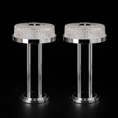 Pair of 1970s Chrome & Cut Crystal Cylindrical Table Lamps