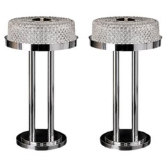 Pair of 1970s Chrome & Cut Crystal Cylindrical Table Lamps