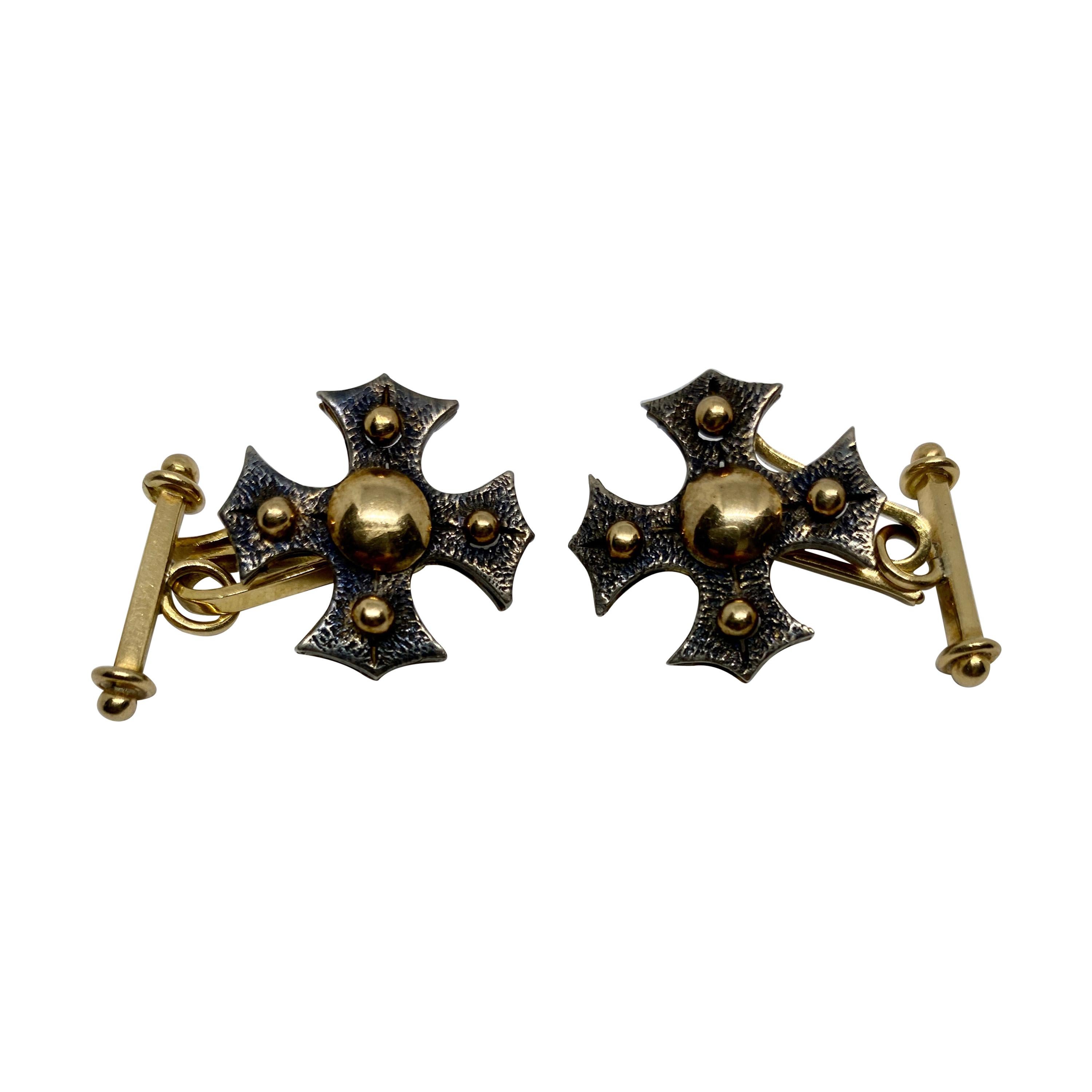 Handmade Cufflinks in 18k Gold with Hammered Silver Details by Ranfagni Firenze For Sale