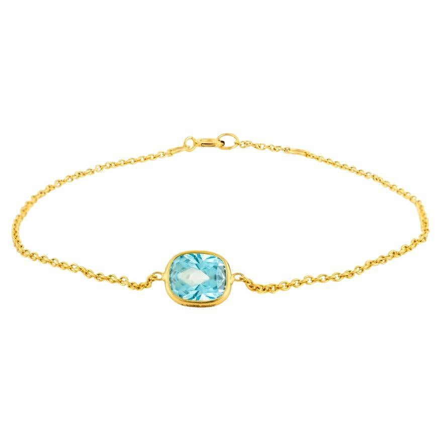 Handmade Cushion Cut Blue Topaz Center Station Chain Bracelet in 14k Yellow Gold