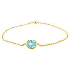 Handmade Cushion Cut Blue Topaz Center Station Chain Bracelet in 14k Yellow Gold