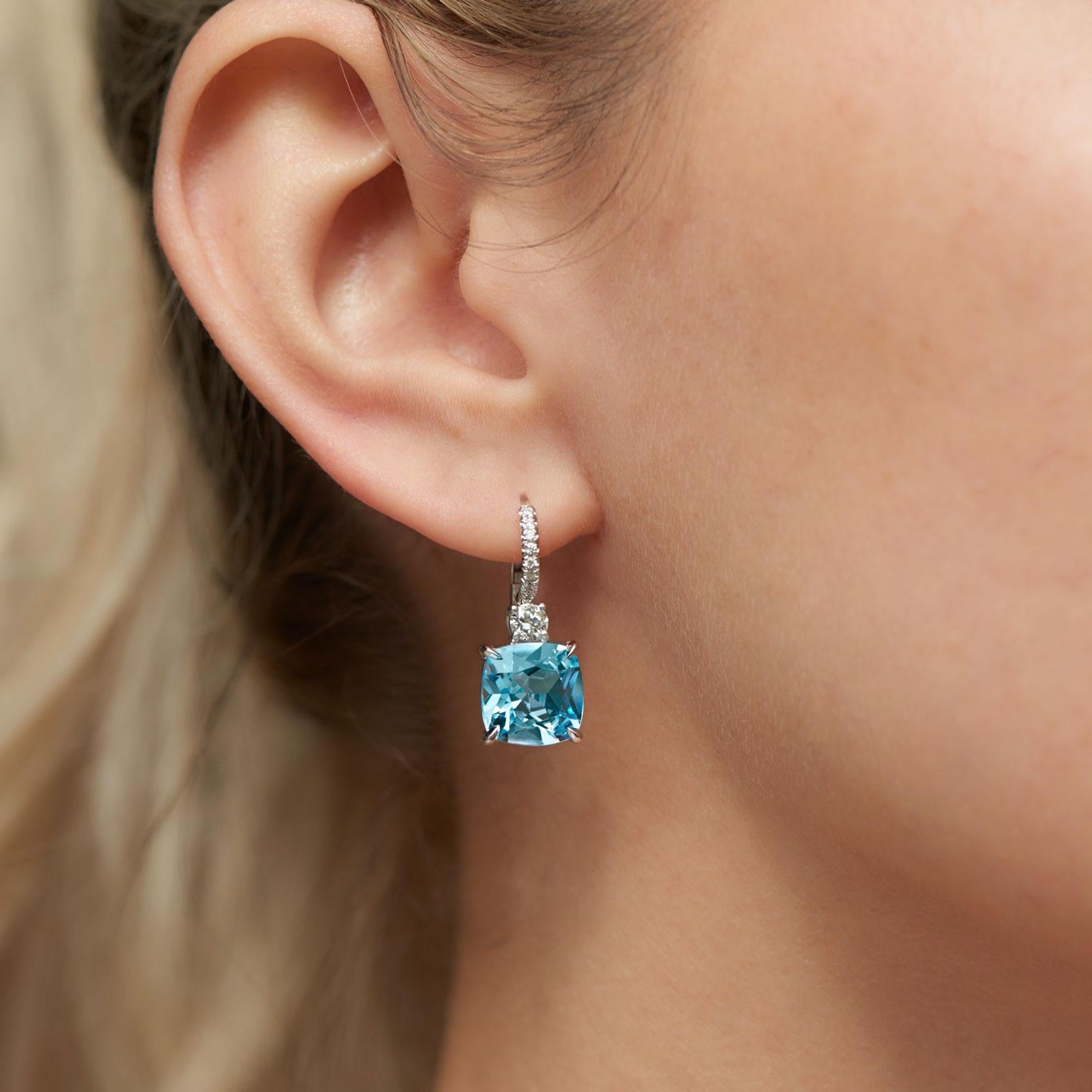 Handmade Cushion Cut Sky Blue Topaz with Diamond Pavé Lever Back Earrings In New Condition In Miami, FL
