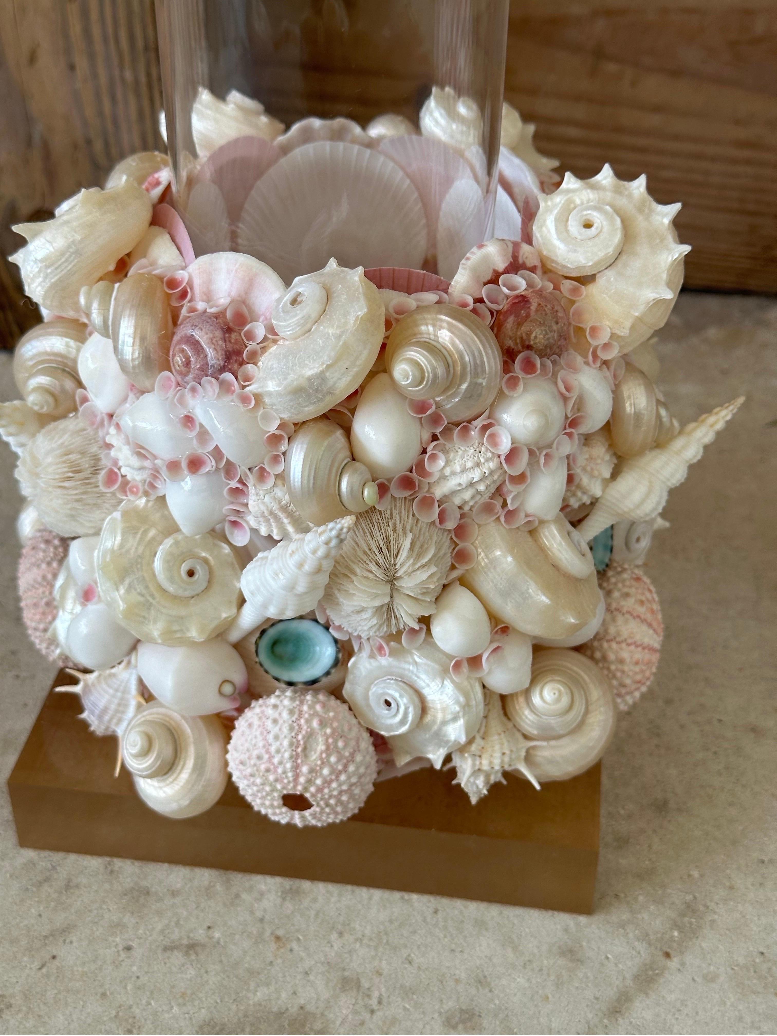 Handmade Custom Coastal Seashell Hurricane Candle holders on Lucite Bases-Pair 2