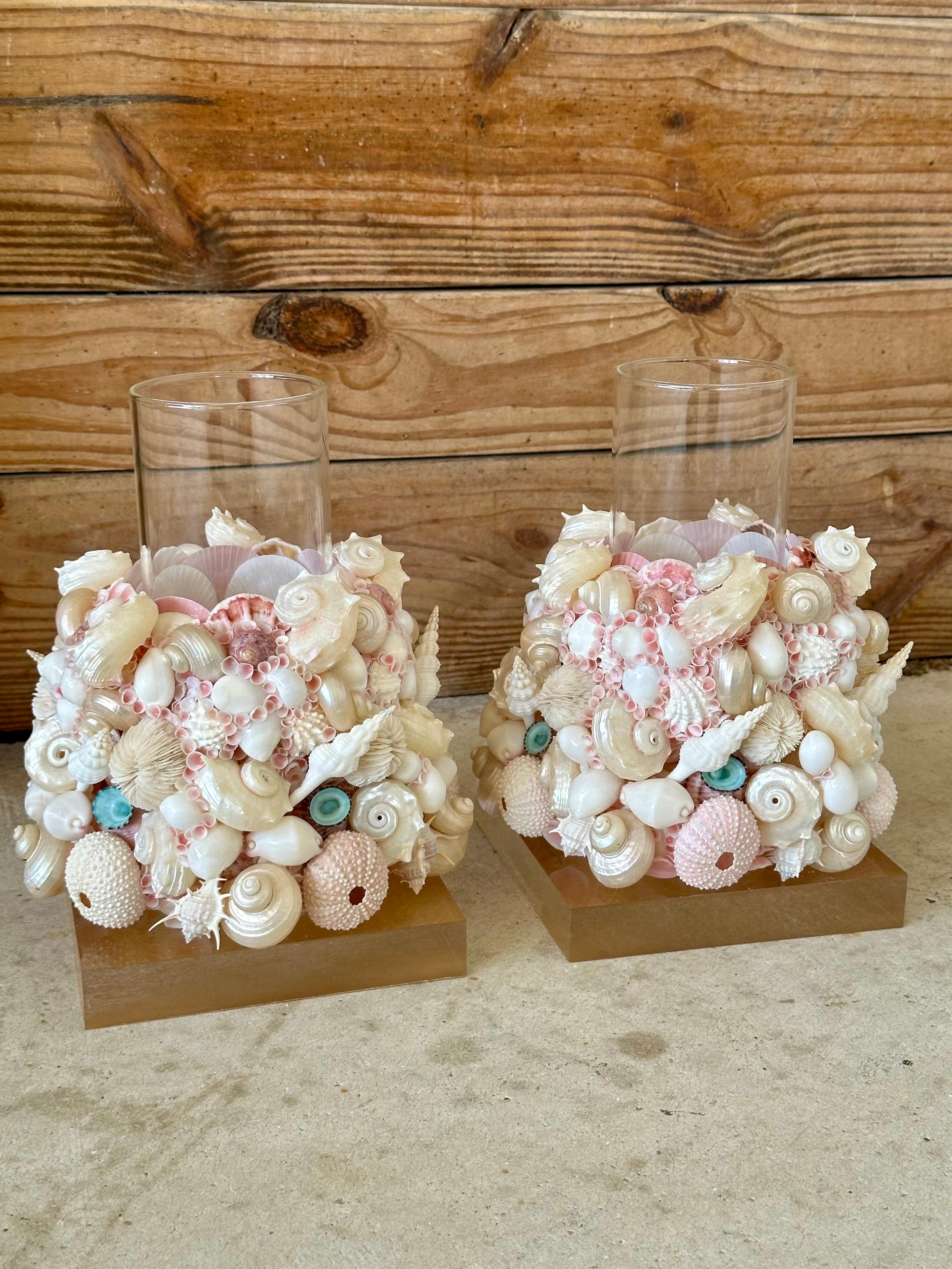 Handmade Custom Coastal Seashell Hurricane Candle holders on Lucite Bases-Pair 3