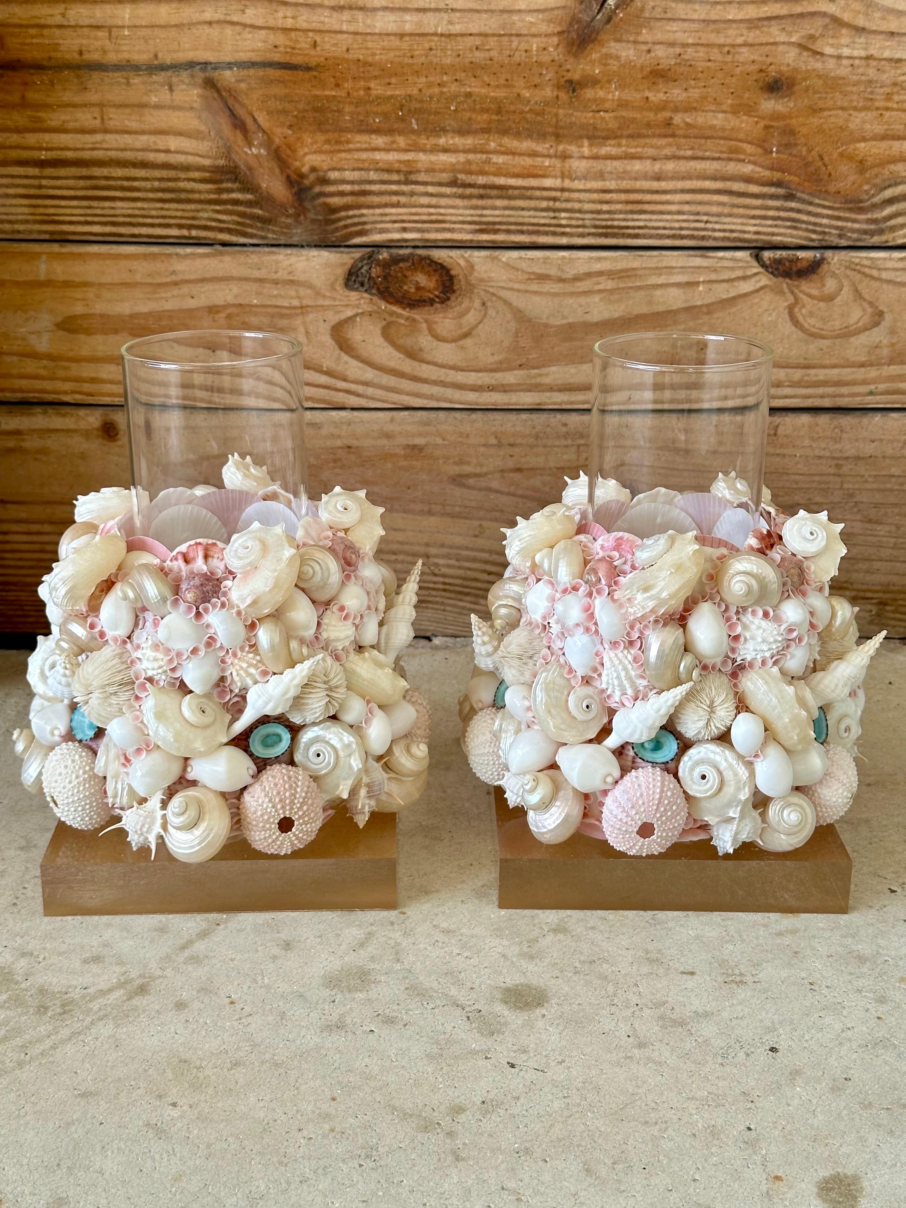 Handmade Custom Coastal Seashell Hurricane Candle holders on Lucite Bases-Pair 4