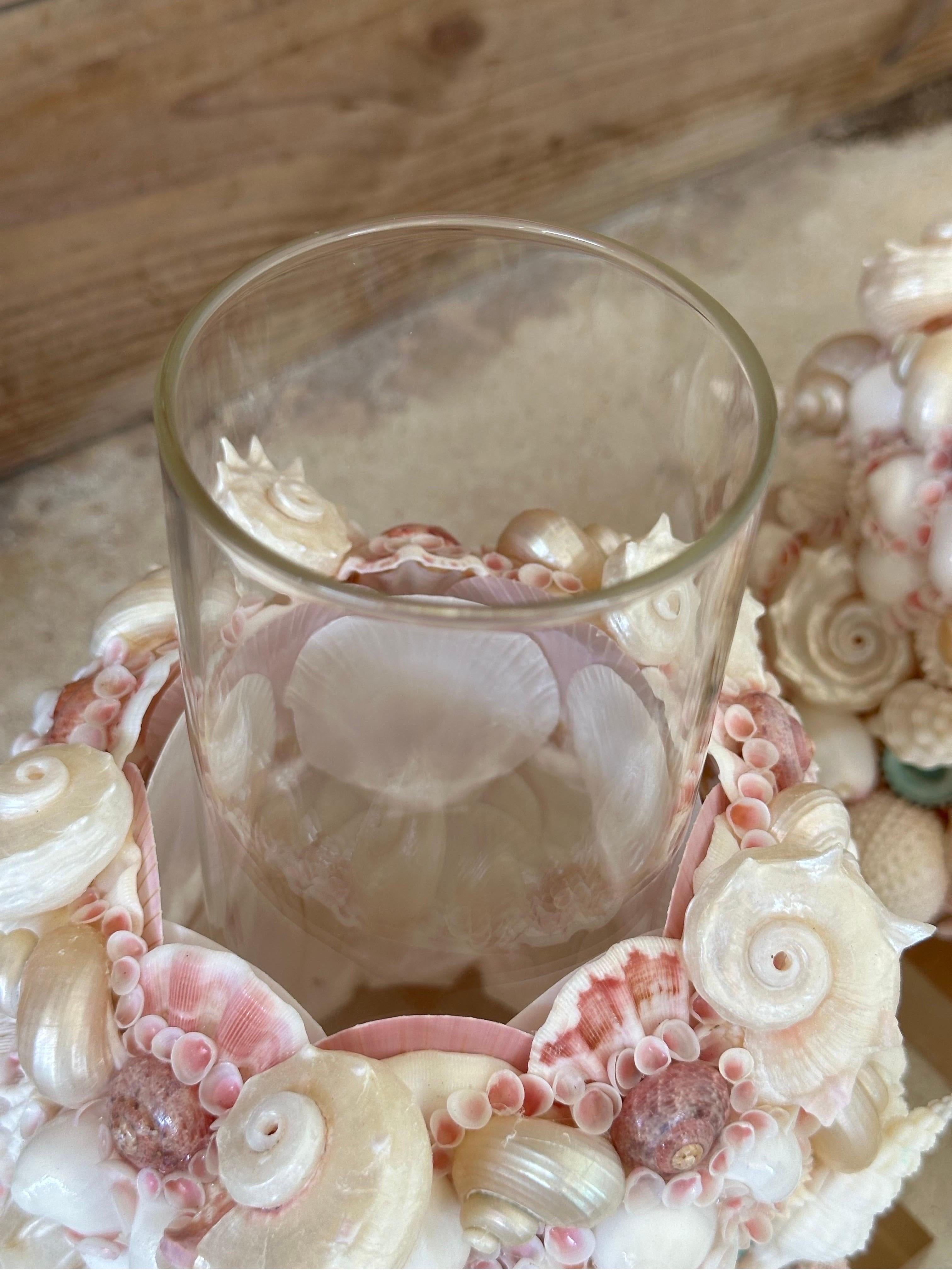 Arts and Crafts Handmade Custom Coastal Seashell Hurricane Candle holders on Lucite Bases-Pair