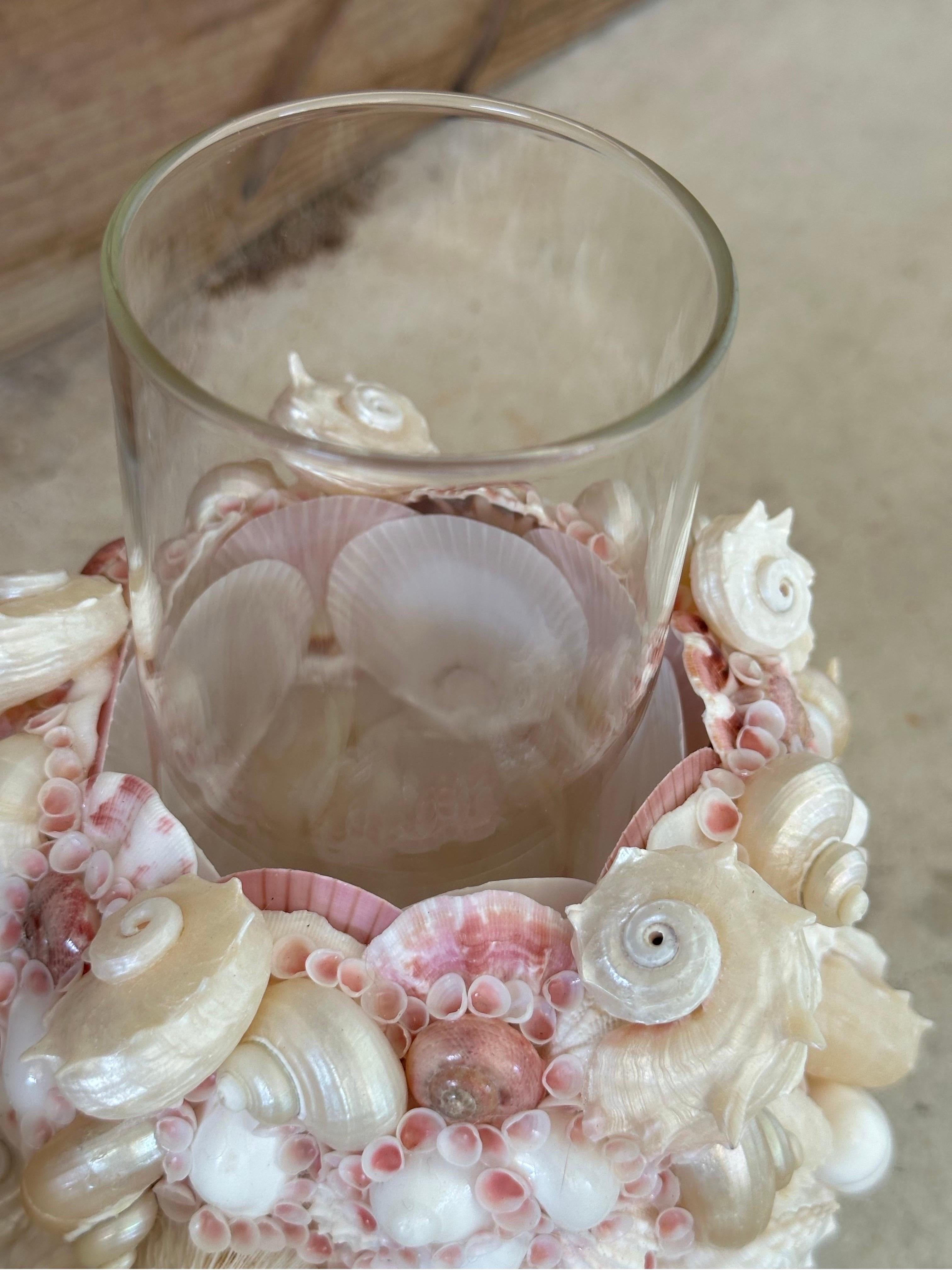 American Handmade Custom Coastal Seashell Hurricane Candle holders on Lucite Bases-Pair