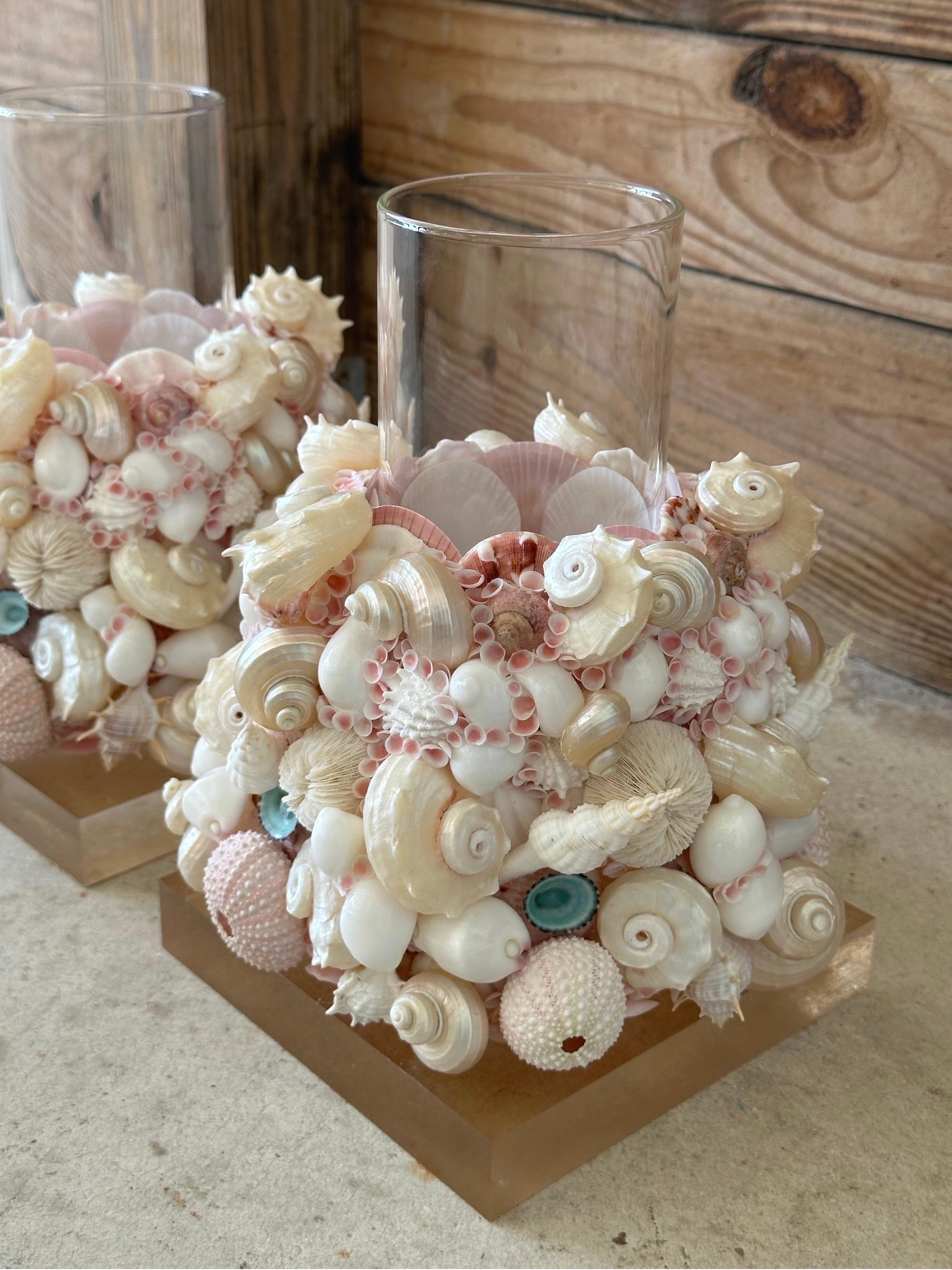 Hand-Crafted Handmade Custom Coastal Seashell Hurricane Candle holders on Lucite Bases-Pair