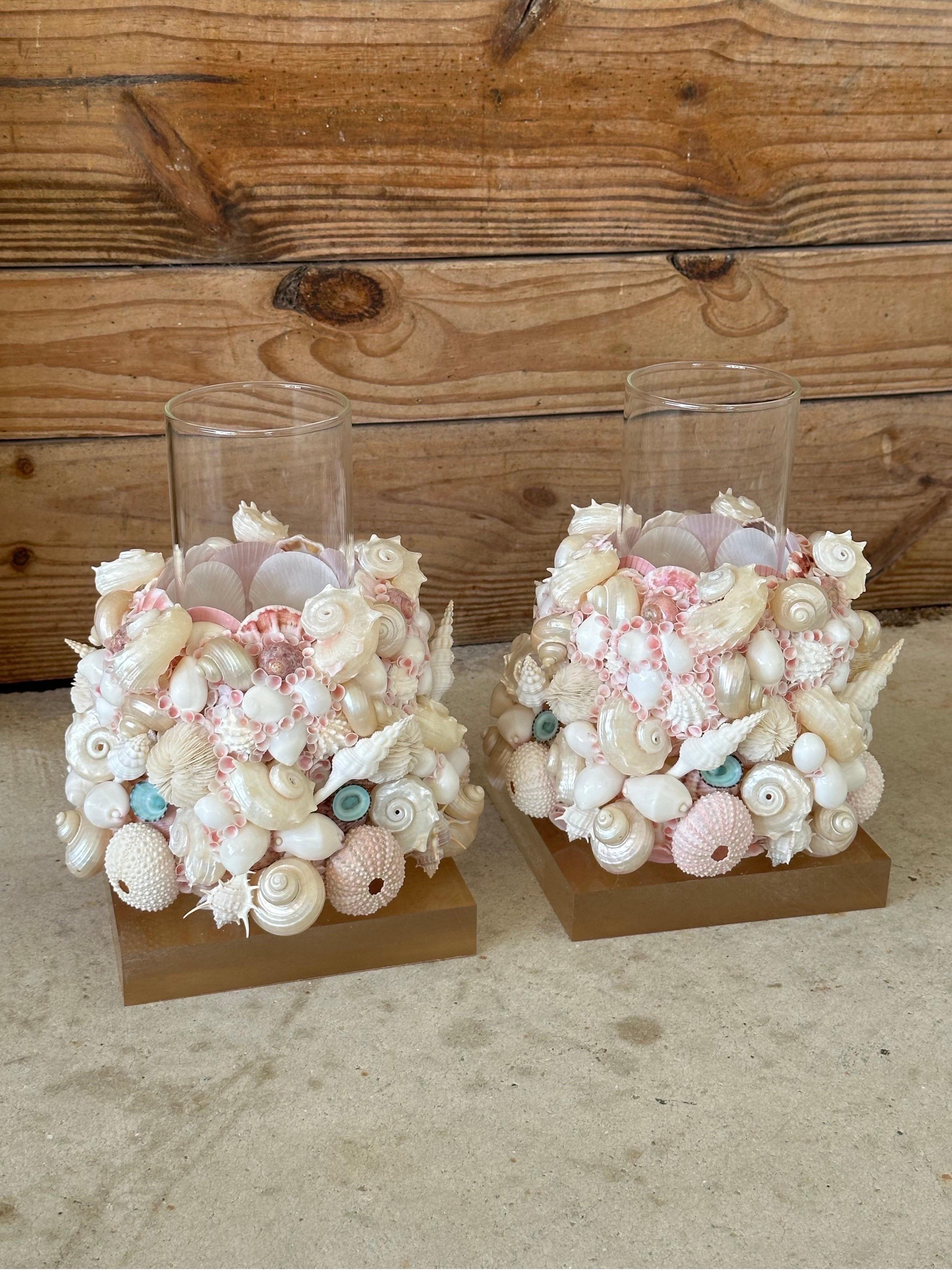 Handmade Custom Coastal Seashell Hurricane Candle holders on Lucite Bases-Pair In Excellent Condition In North Fort Myers, FL
