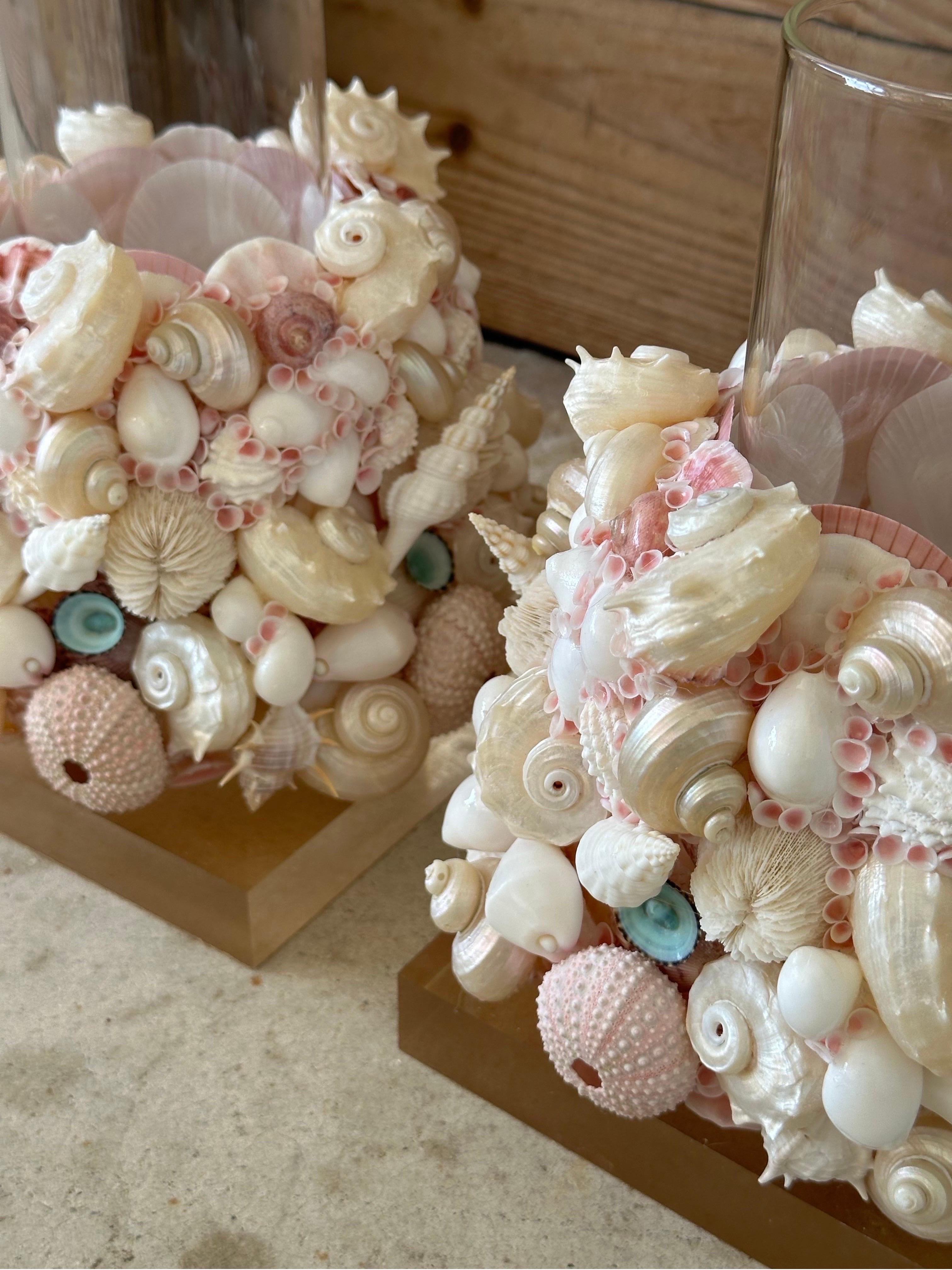 Shell Handmade Custom Coastal Seashell Hurricane Candle holders on Lucite Bases-Pair