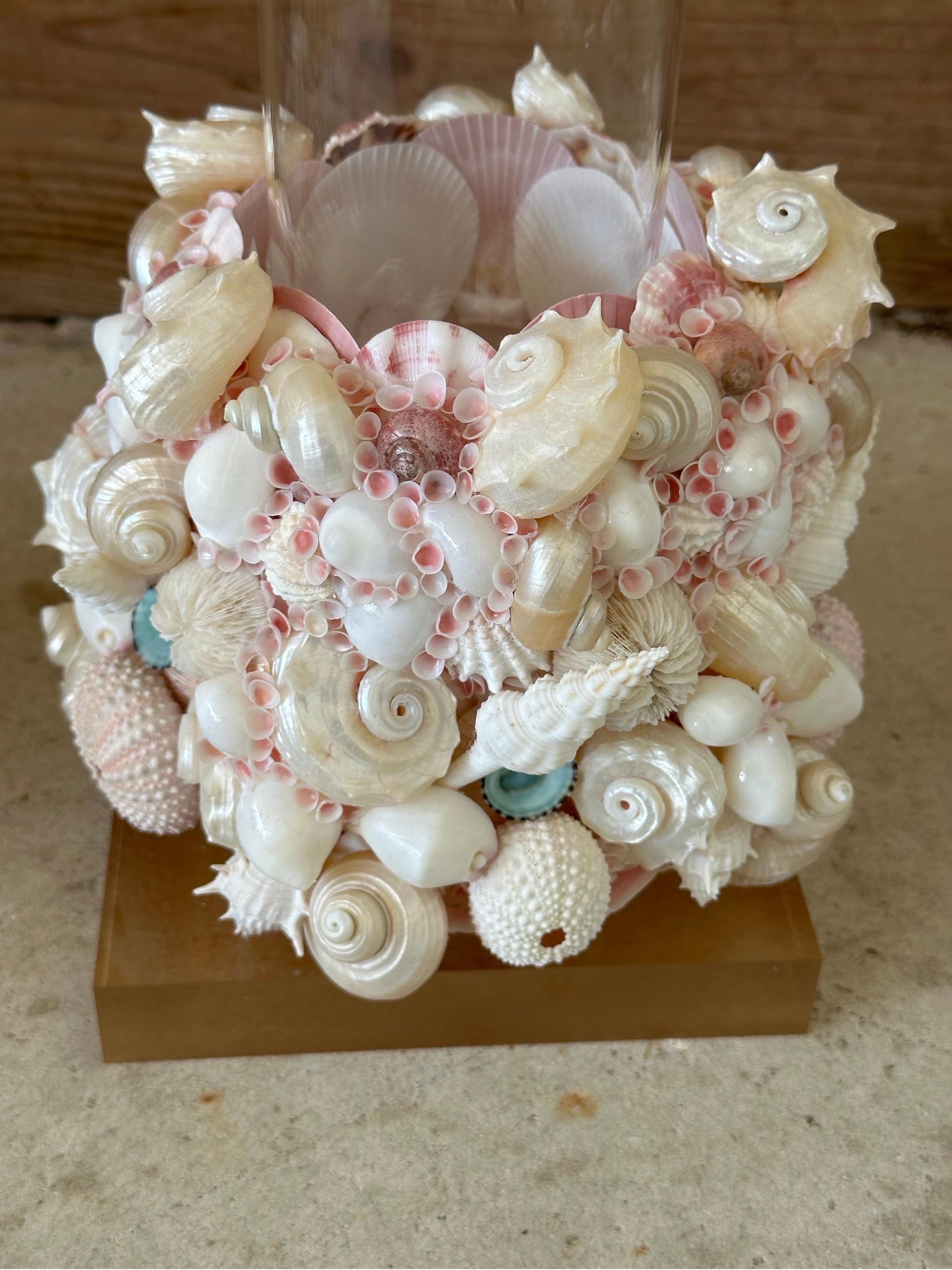 Handmade Custom Coastal Seashell Hurricane Candle holders on Lucite Bases-Pair 1