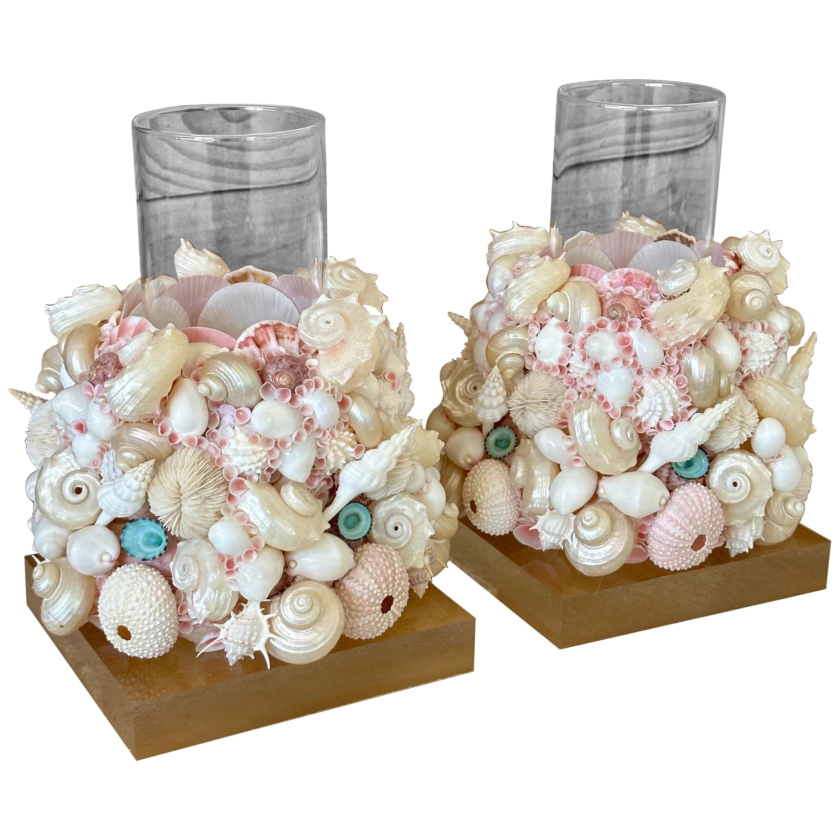 Handmade Custom Coastal Seashell Hurricane Candle holders on Lucite Bases-Pair