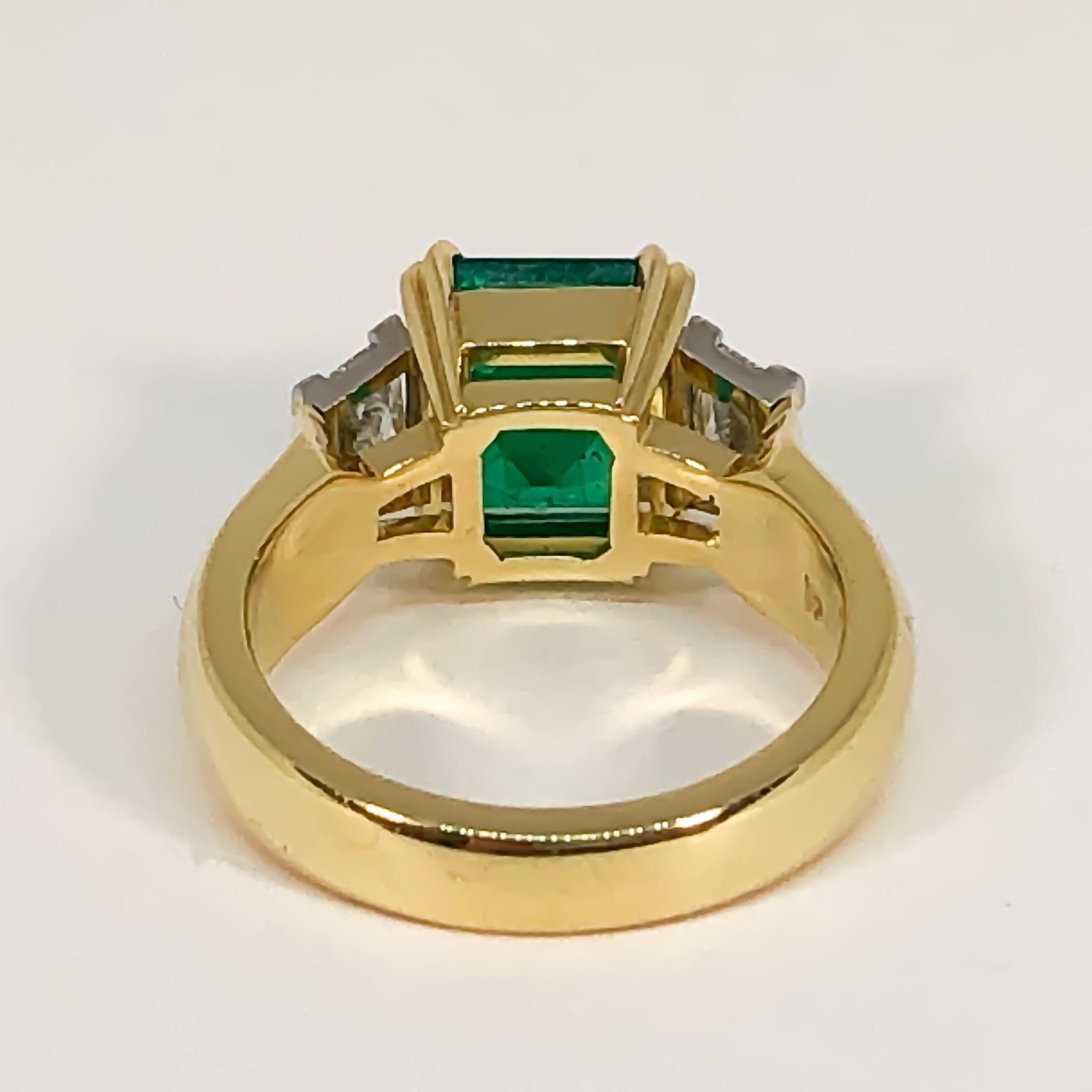 Emerald Cut Handmade Custom Colombian Emerald and Diamond Ring 18 Karat Yellow Gold