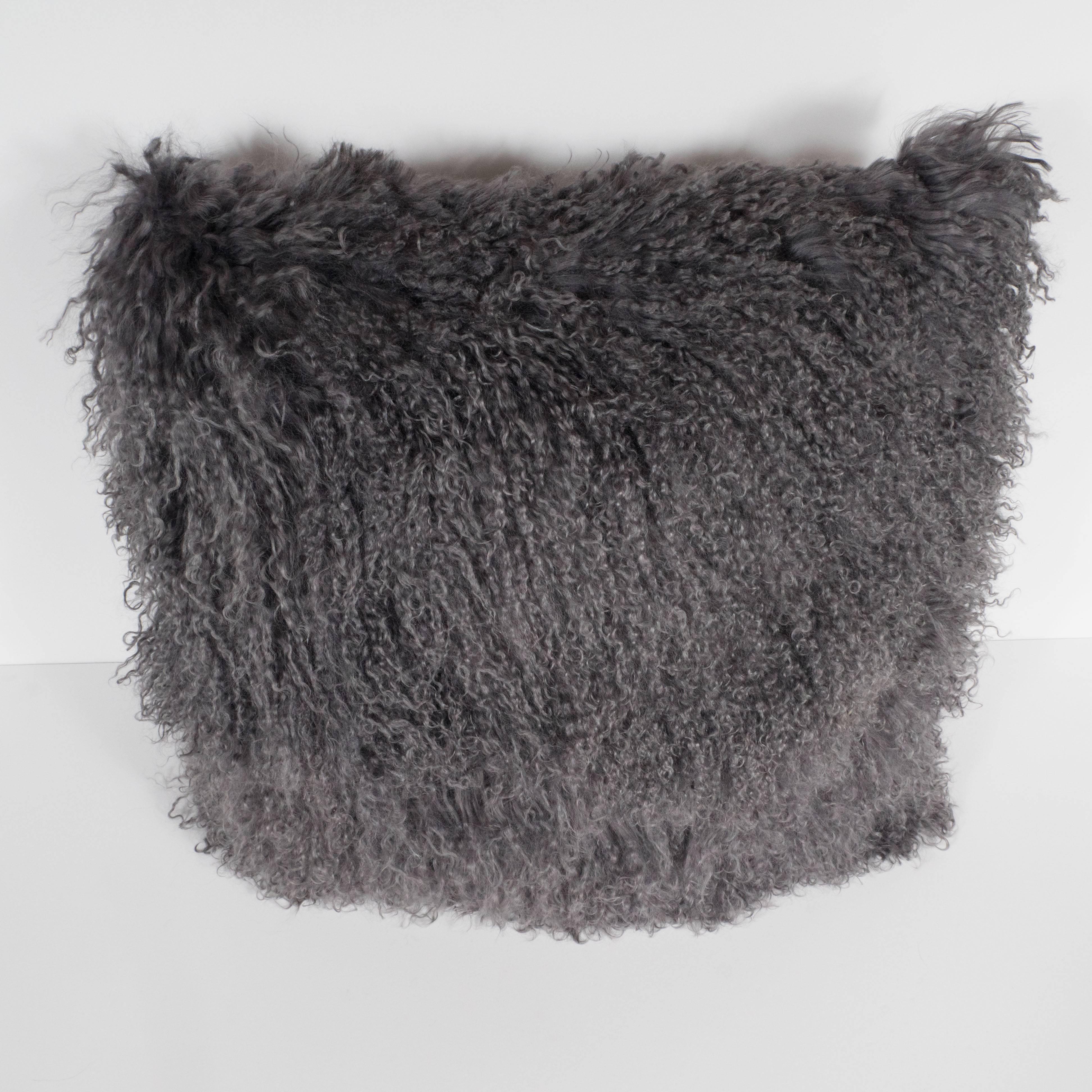 Handmade Custom Mongolian Lamb Pillow in Slate Gray with Cashmere Wool Backing In Excellent Condition For Sale In New York, NY