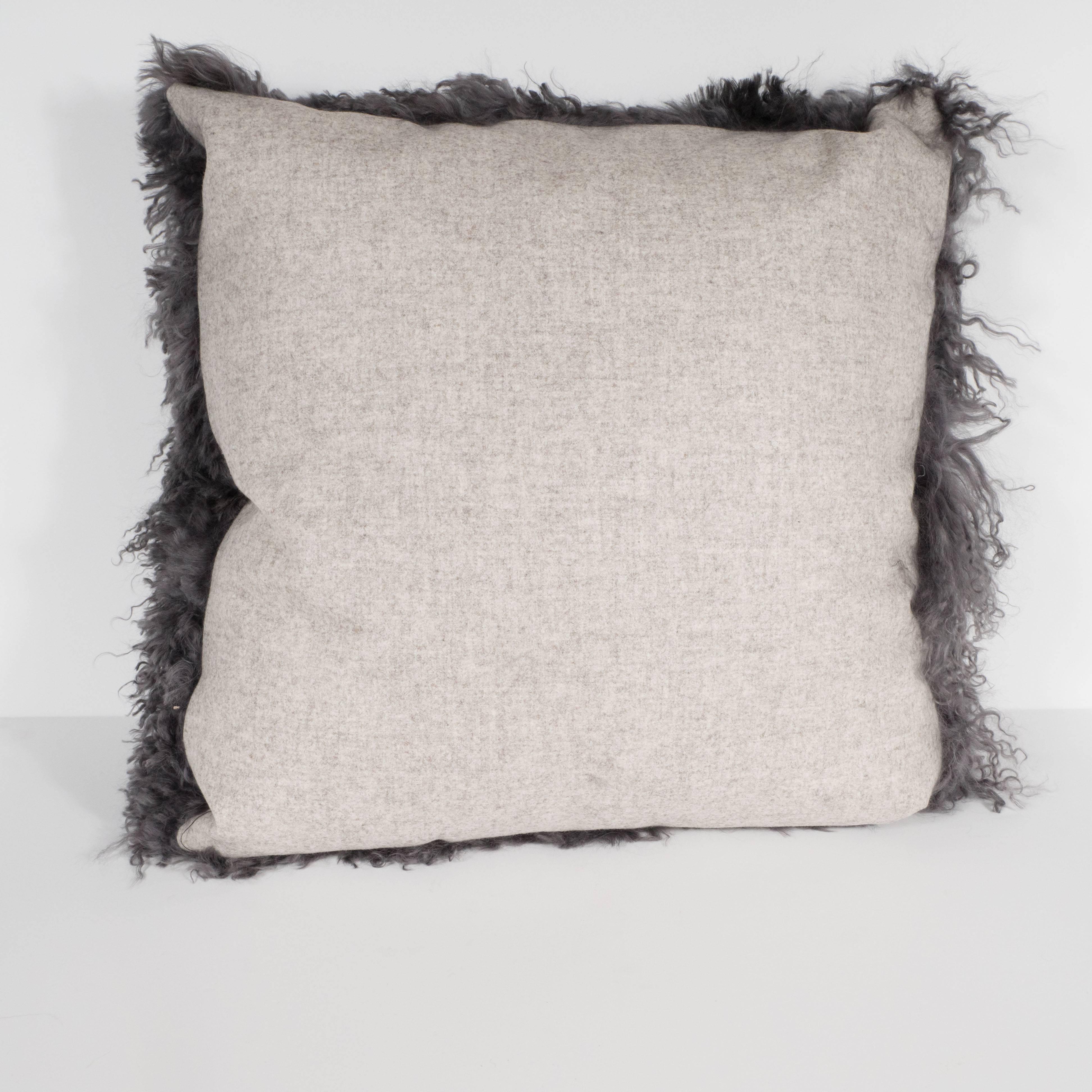 Handmade Custom Mongolian Lamb Pillow in Slate Gray with Cashmere Wool Backing For Sale 3