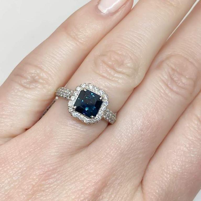 Asscher Cut Handmade Custom Square Blue Sapphire & Diamond Halo Ring Platinum 1.77ct No Heat For Sale