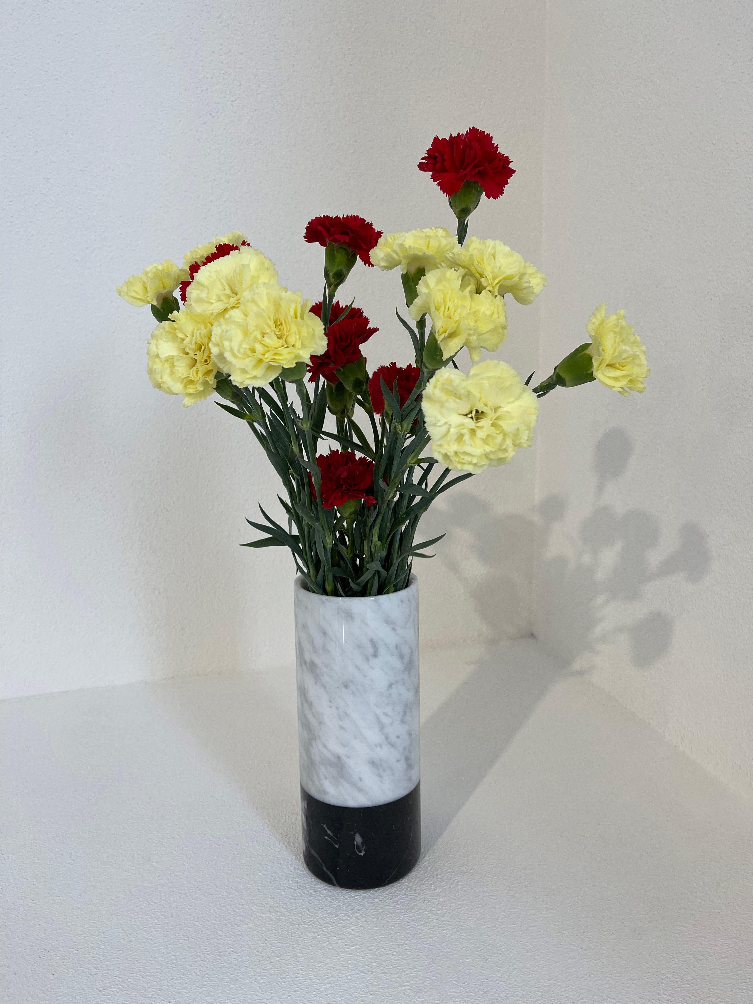 Italian Handmade Cylindrical White Carrara Marble Vase with Black Marquina Bottom Stripe For Sale