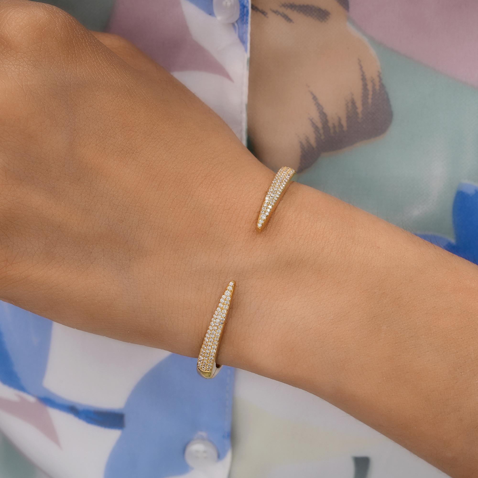 Handmade Dainty SI/HI Pavé Diamond Open Cuff Bangle Bracelet 14k Yellow Gold For Sale 4