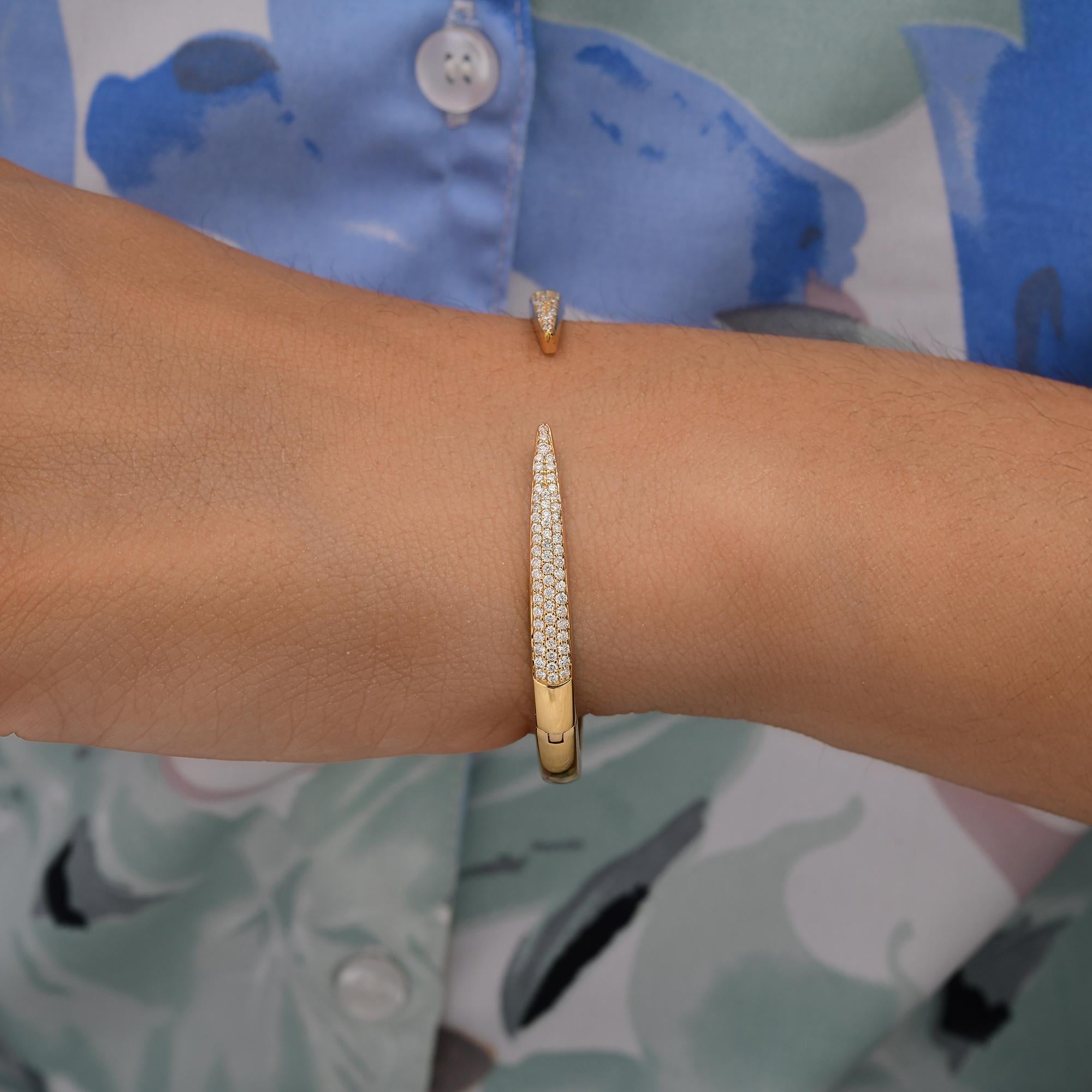 Handmade Dainty SI/HI Pavé Diamond Open Cuff Bangle Bracelet 14k Yellow Gold 
This stunning open cuff is crafted in high-quality 14K gold and features rows of brilliant-cut white diamonds that shimmer from every angle. This bracelet features a sleek