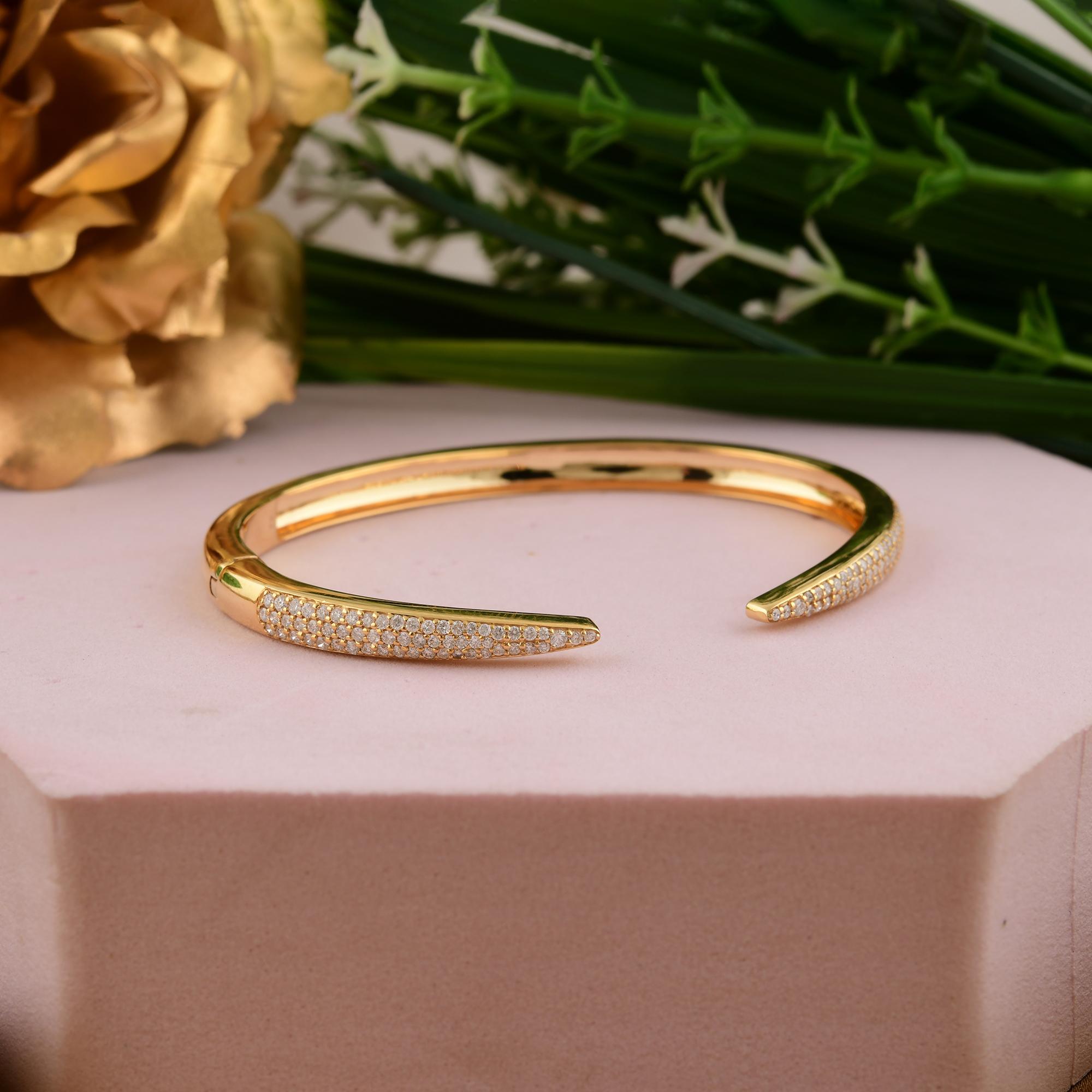 Contemporary Handmade Dainty SI/HI Pavé Diamond Open Cuff Bangle Bracelet 14k Yellow Gold For Sale