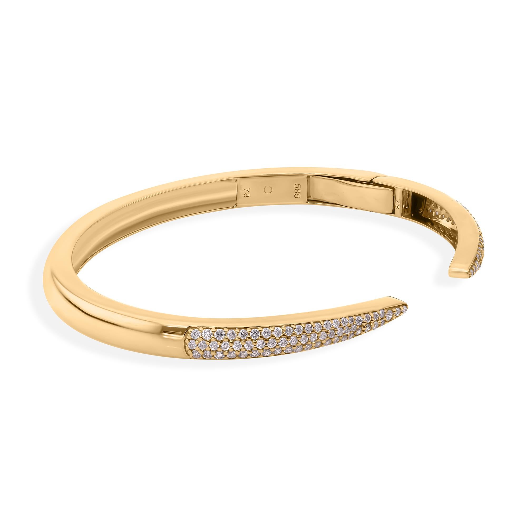 Women's Handmade Dainty SI/HI Pavé Diamond Open Cuff Bangle Bracelet 14k Yellow Gold For Sale