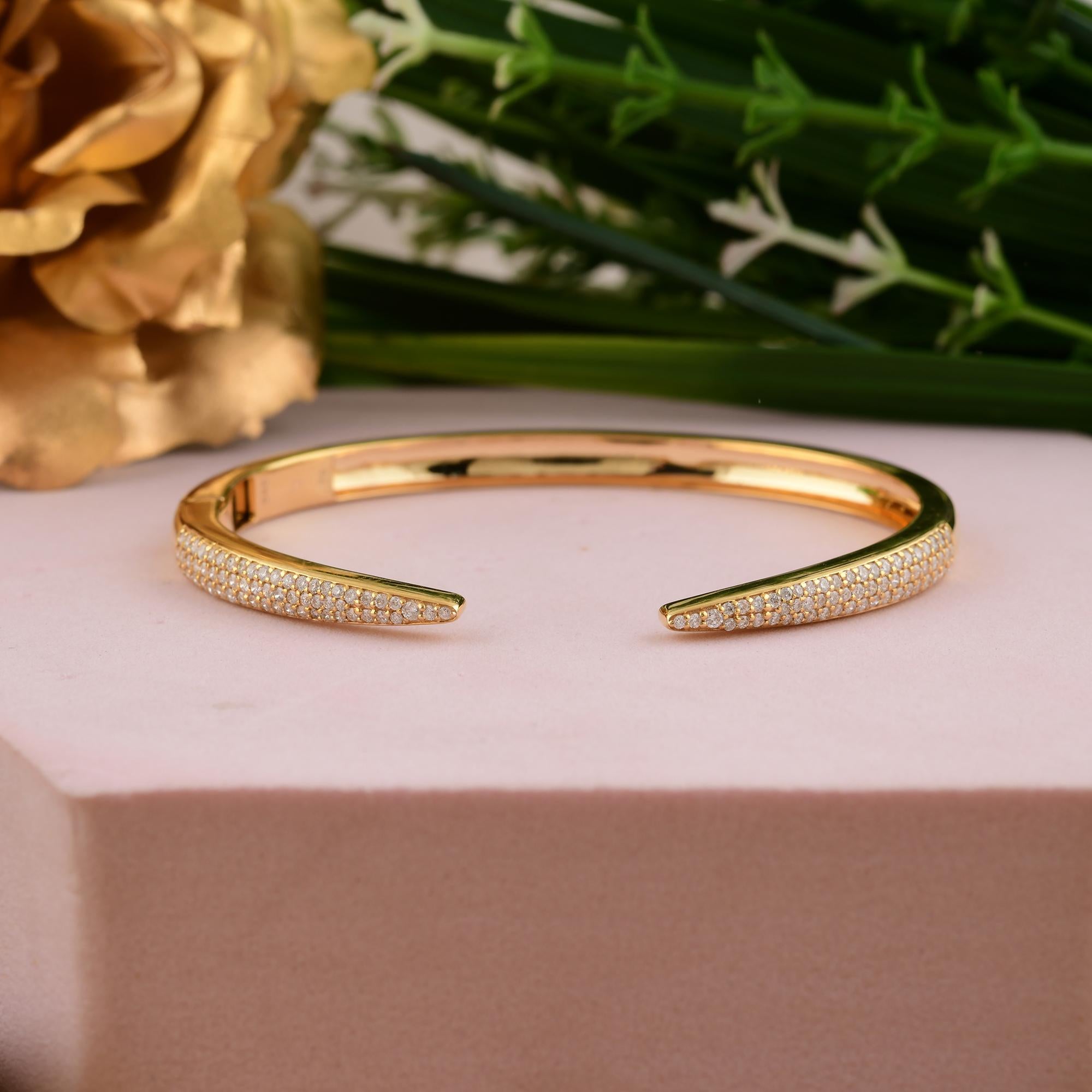 Handmade Dainty SI/HI Pavé Diamond Open Cuff Bangle Bracelet 14k Yellow Gold For Sale 2