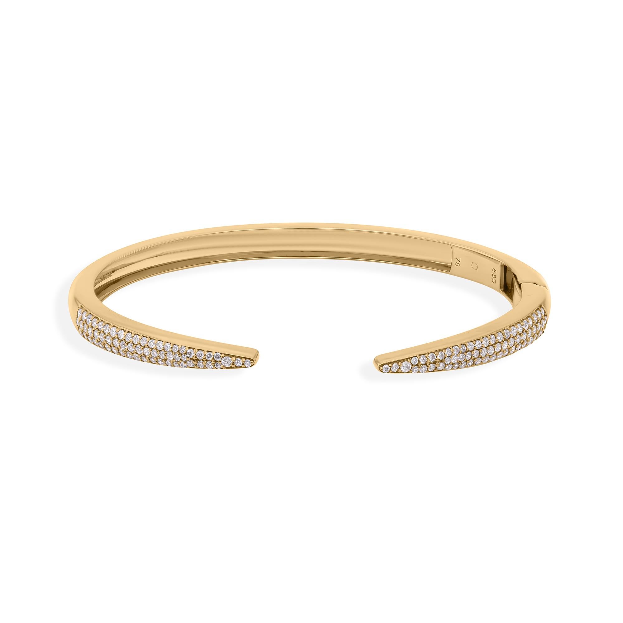 Handmade Dainty SI/HI Pavé Diamond Open Cuff Bangle Bracelet 14k Yellow Gold For Sale 3