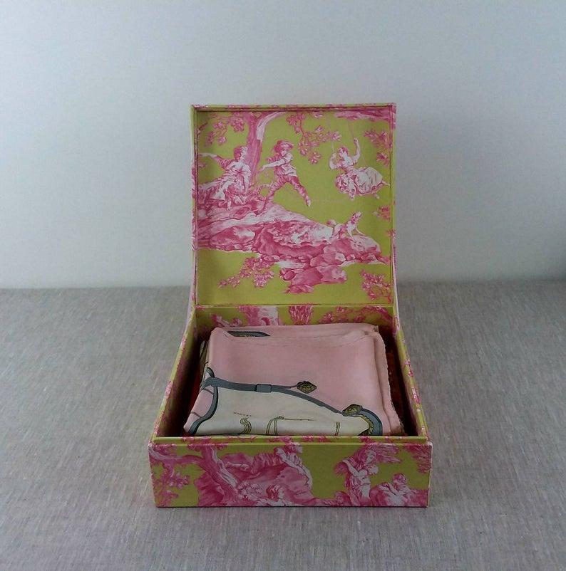 Women's or Men's Handmade Decorative Storage Box for Scarves in Toile de Jouy Manuel Canovas