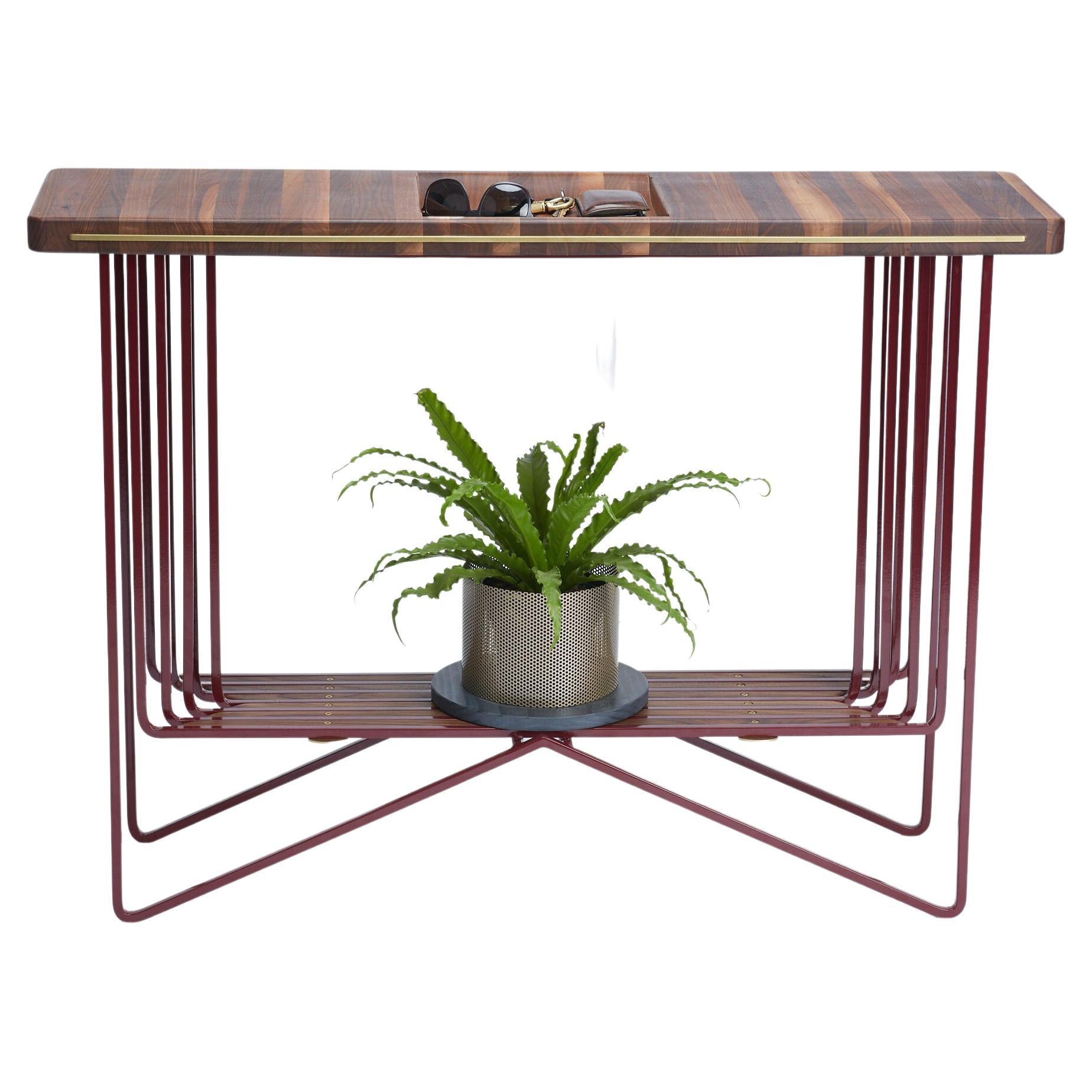 Handmade Delicate and Bold Walnut, Brass and Steel Console Table For Sale