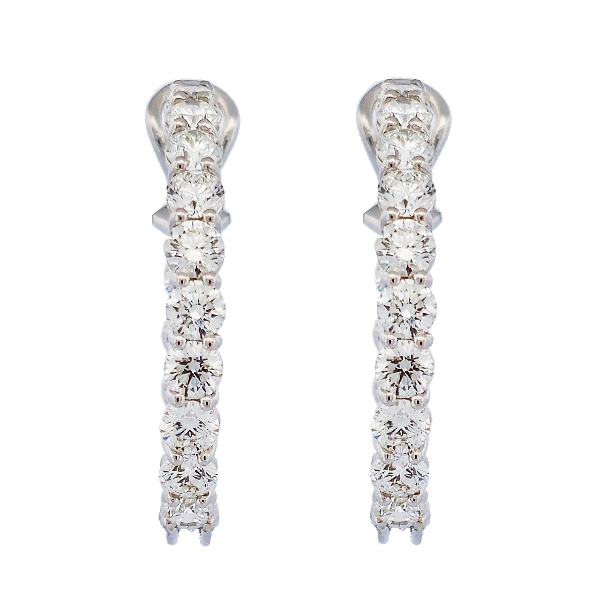 Brilliant Cut Handmade Diamond 18 Karat White Gold Prong Set Hoop Earrings For Sale