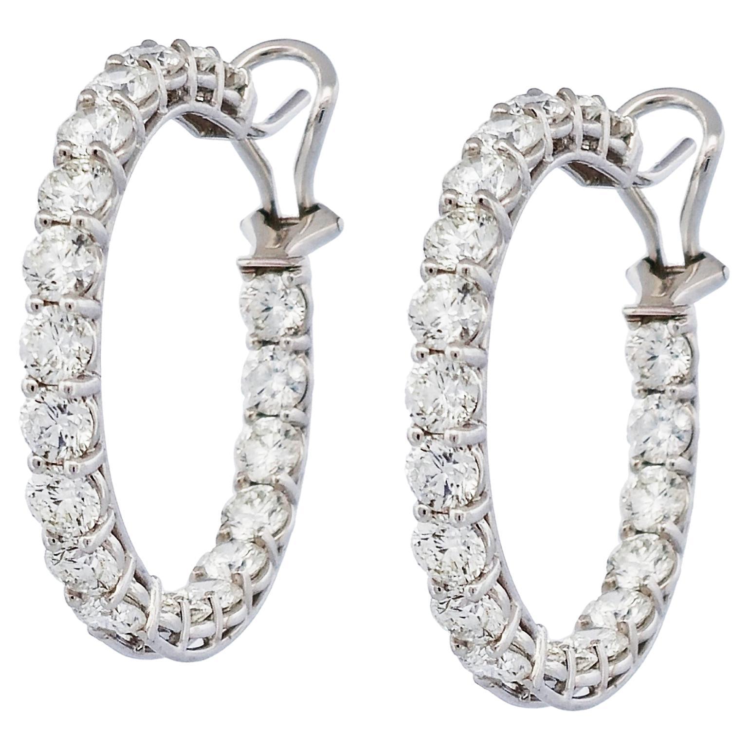 Handmade Diamond 18 Karat White Gold Prong Set Hoop Earrings For Sale