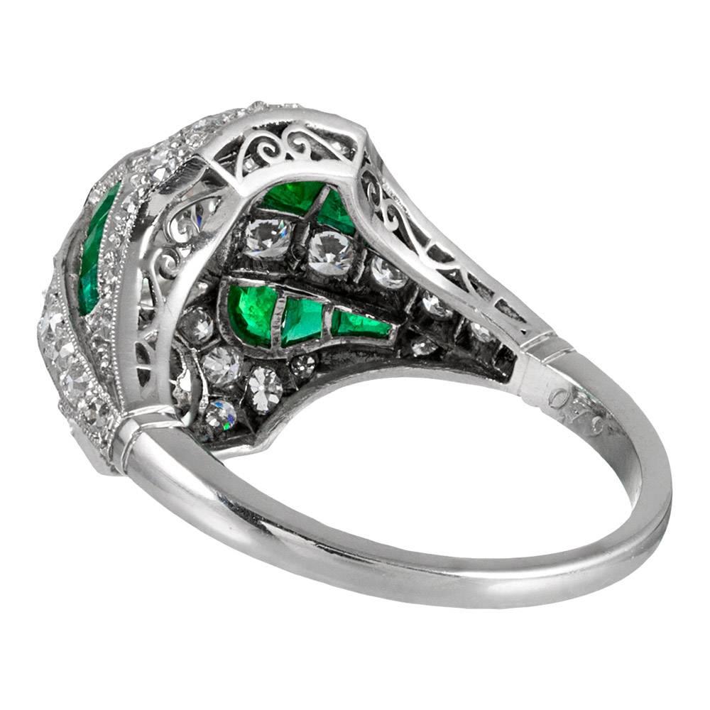 Handmade Diamond and Emerald “Navette” Ring In Excellent Condition In Carmel-by-the-Sea, CA