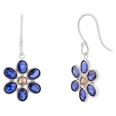 Pendientes florales de zafiro azul hechos a mano para mujer Oro blanco macizo de 18k