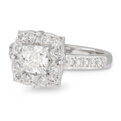 Handmade Diamond Cushion Cut Art Deco Style Floral Halo Engagement Ring