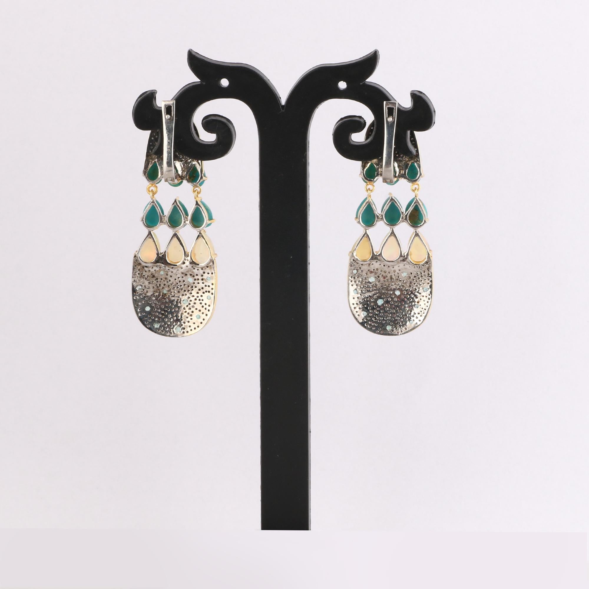 Victorian Handmade Diamond, Ethiopian Opal, Emerald & Turquoise Silver Dangle Earrings For Sale