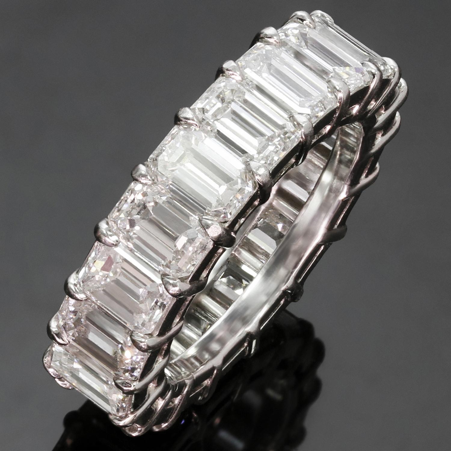 This brilliantly hand-crafted luminous platinum wedding band features 19 emerald-cut, VS-quality diamonds totaling 9.52 carats.  Measurements: 0.23