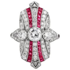 Vintage Handmade Diamond Ruby Platinum Shield Cocktail Ring
