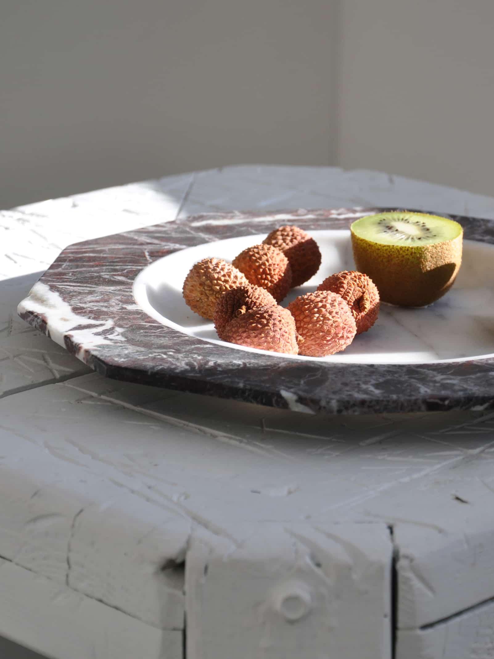 Italian Handmade Dinner Plate in Satin White Carrara and Red Levanto Marble For Sale
