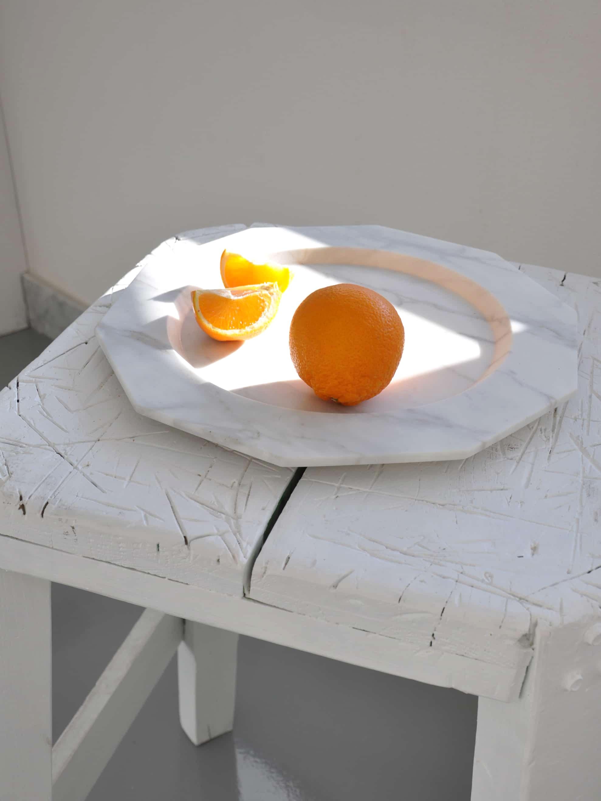 Contemporary Handmade Dinner Plate in Satin White Carrara Marble For Sale