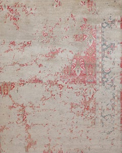 Handmade Distressed Contemporary Wool & Silk Rug in Natural Beige and Rust