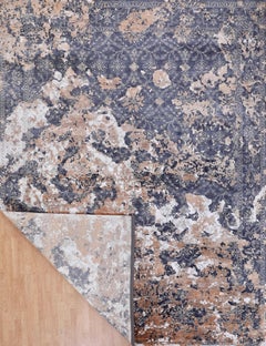Handmade Distressed Wool Rug Faded Denim Blue & Antique White with Rust Accents