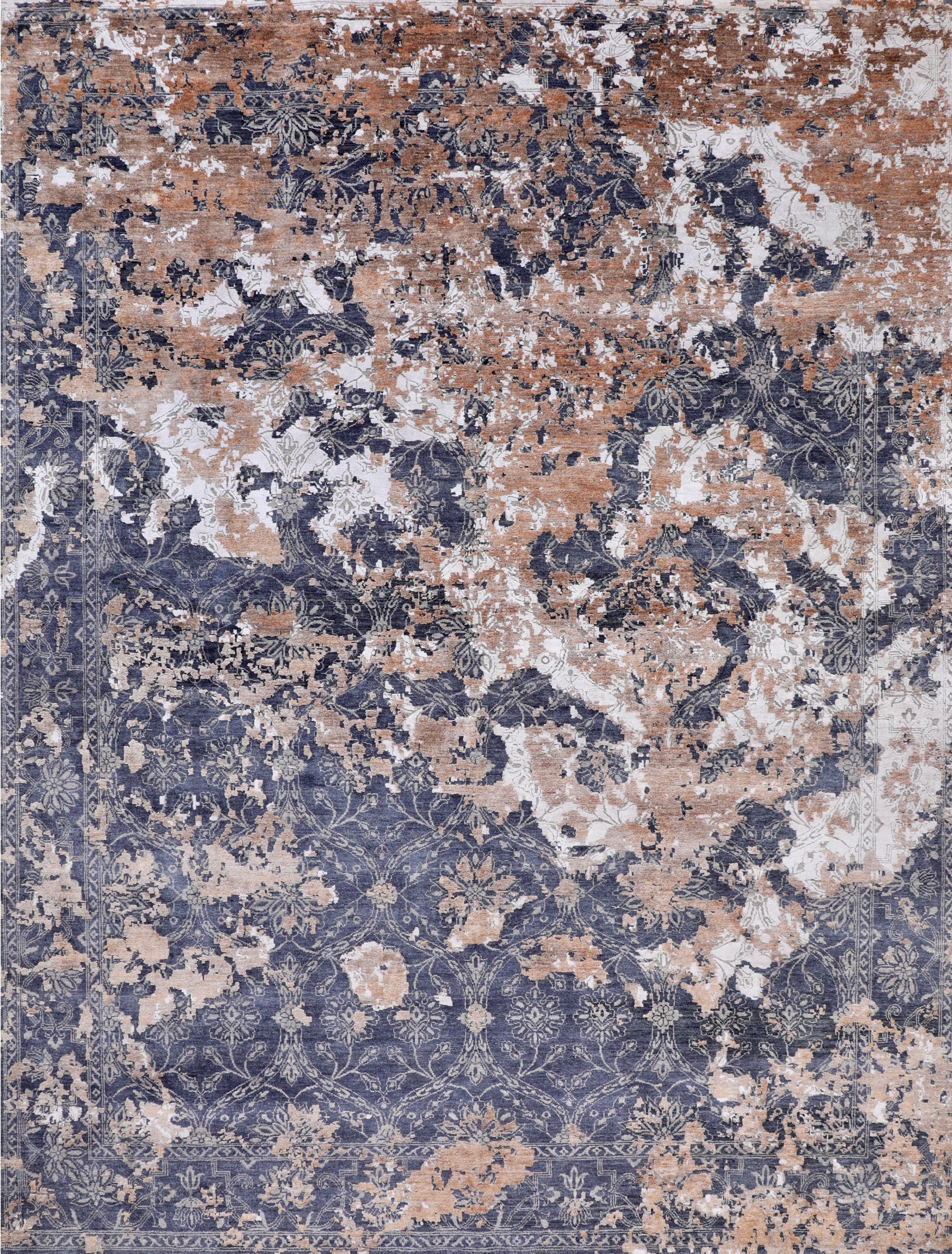 Handmade Distressed Wool Rug Faded Denim Blue & Antique White with Rust Accents For Sale