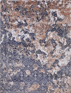 Handmade Distressed Wool Rug Faded Denim Blue & Antique White with Rust Accents
