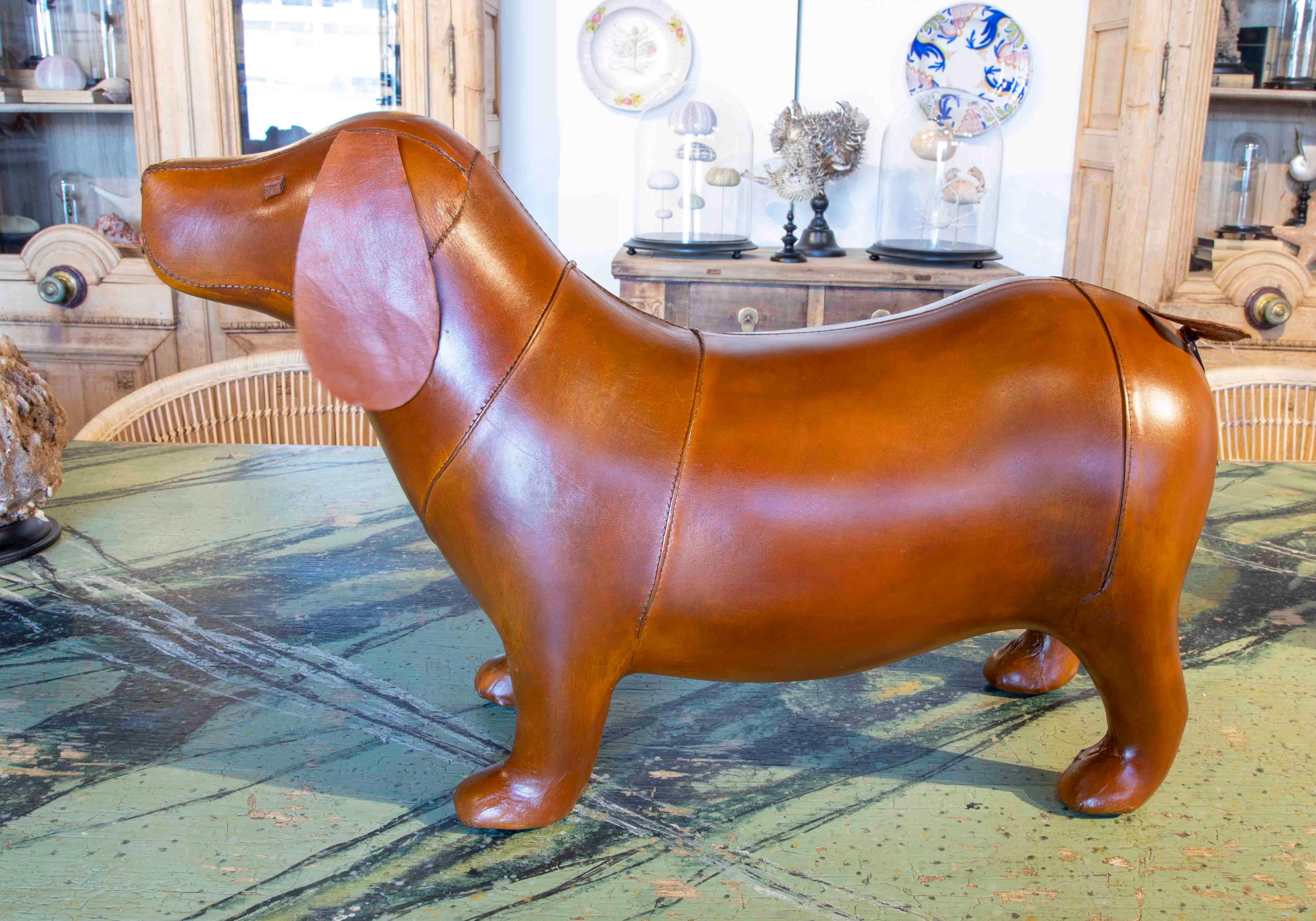 Contemporary Handmade Dog Stool Upholstered in Antiqued Brown Leather For Sale