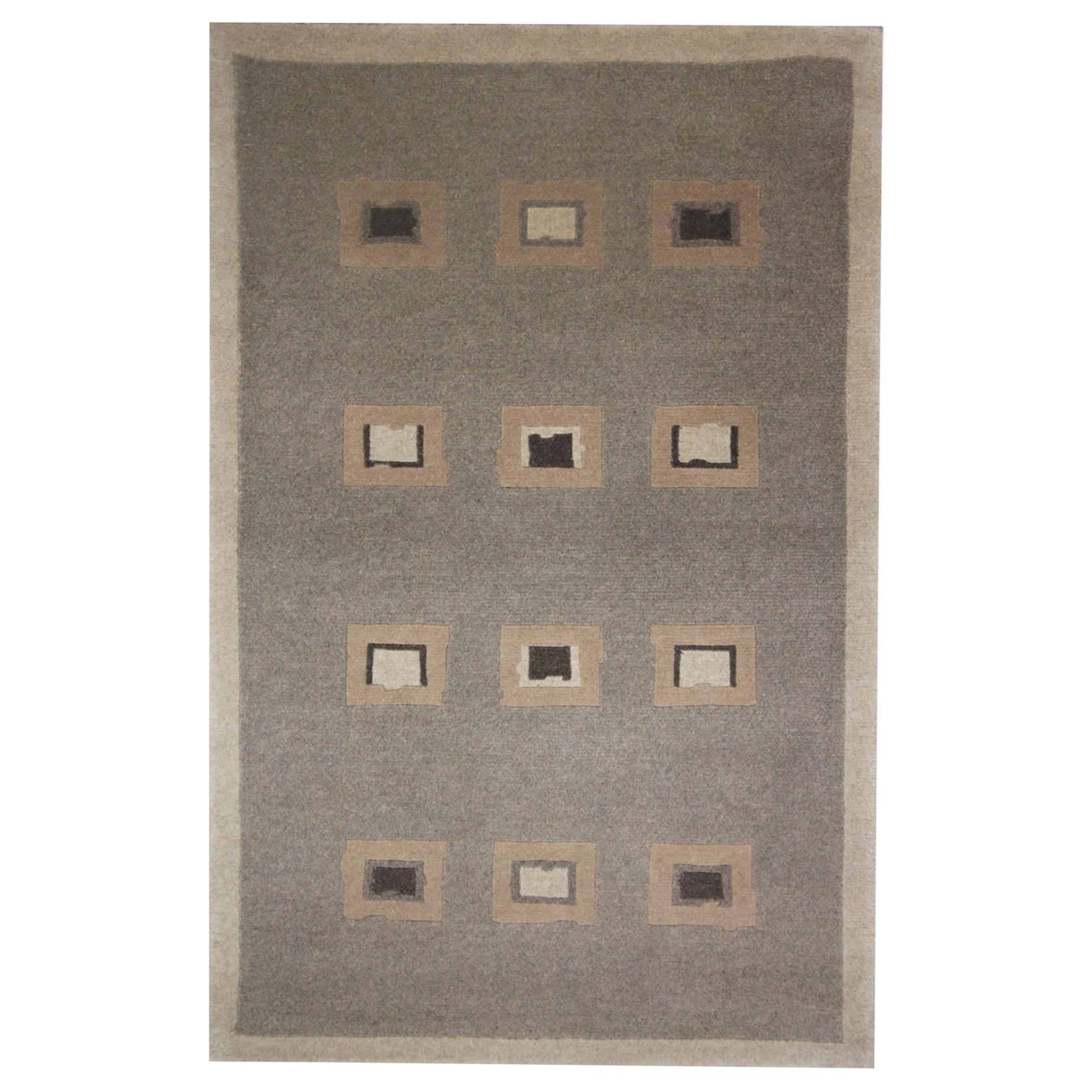 Handmade Door Mat, Modern Wool Rug Beige Geometric Design