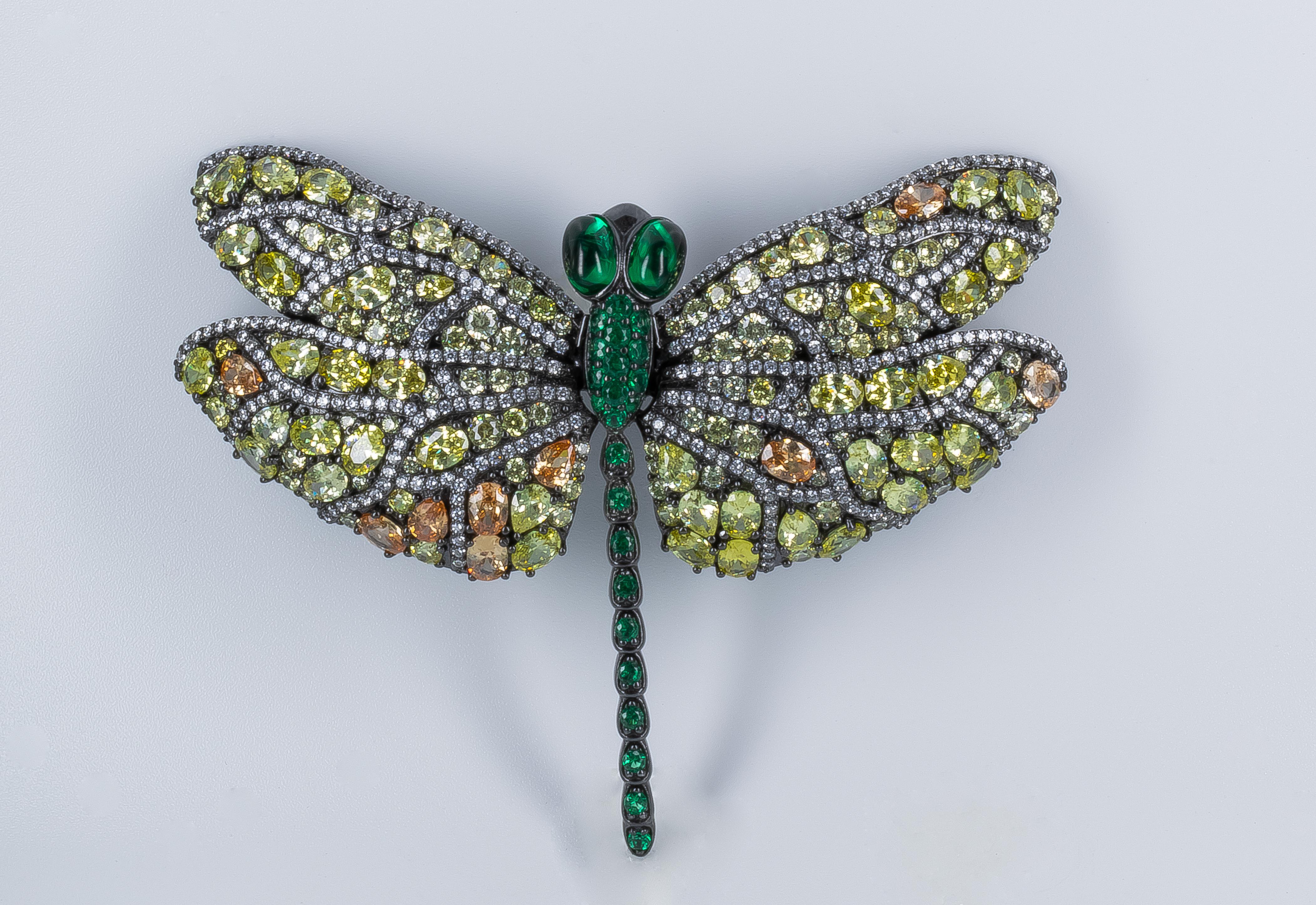 Handmade Dragonfly Multi-Color Cubic Zirconia Brooch Pin In Excellent Condition In Carlsbad, CA