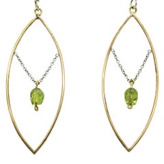 Handmade Earrings in 14K Yellow Gold with Platinum Chain and Peridot Briolette